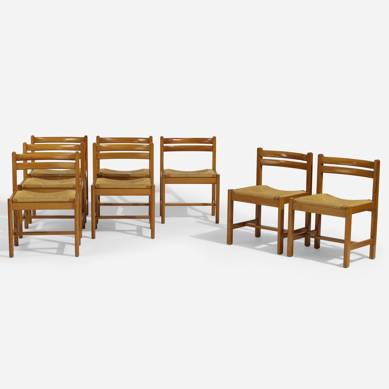 Borge Mogensen, Asserbo dining chairs, set of eight: Borge Mogensen Asserbo dining chairs, set of eight Karl Andersson & SonerDenmark / Sweden, c. 1965pine, rush20.5 w × 18 d × 29.5 h in (52 × 46 × 75 cm) Decal manufac