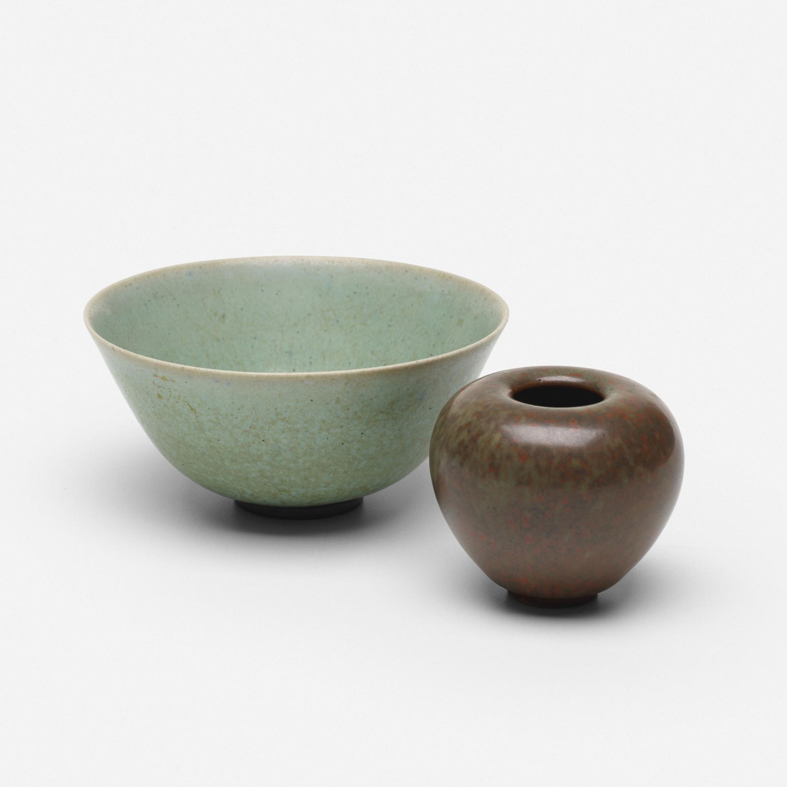 Saxbo, vase and bowl: Saxbo vase and bowl Denmark, c. 1950glazed stoneware2.25 h × 5 dia in (6 × 13 cm) Vase measures: 2.25 h x 2.5 dia inches. Impressed manufacturer's marks to underside of each examp