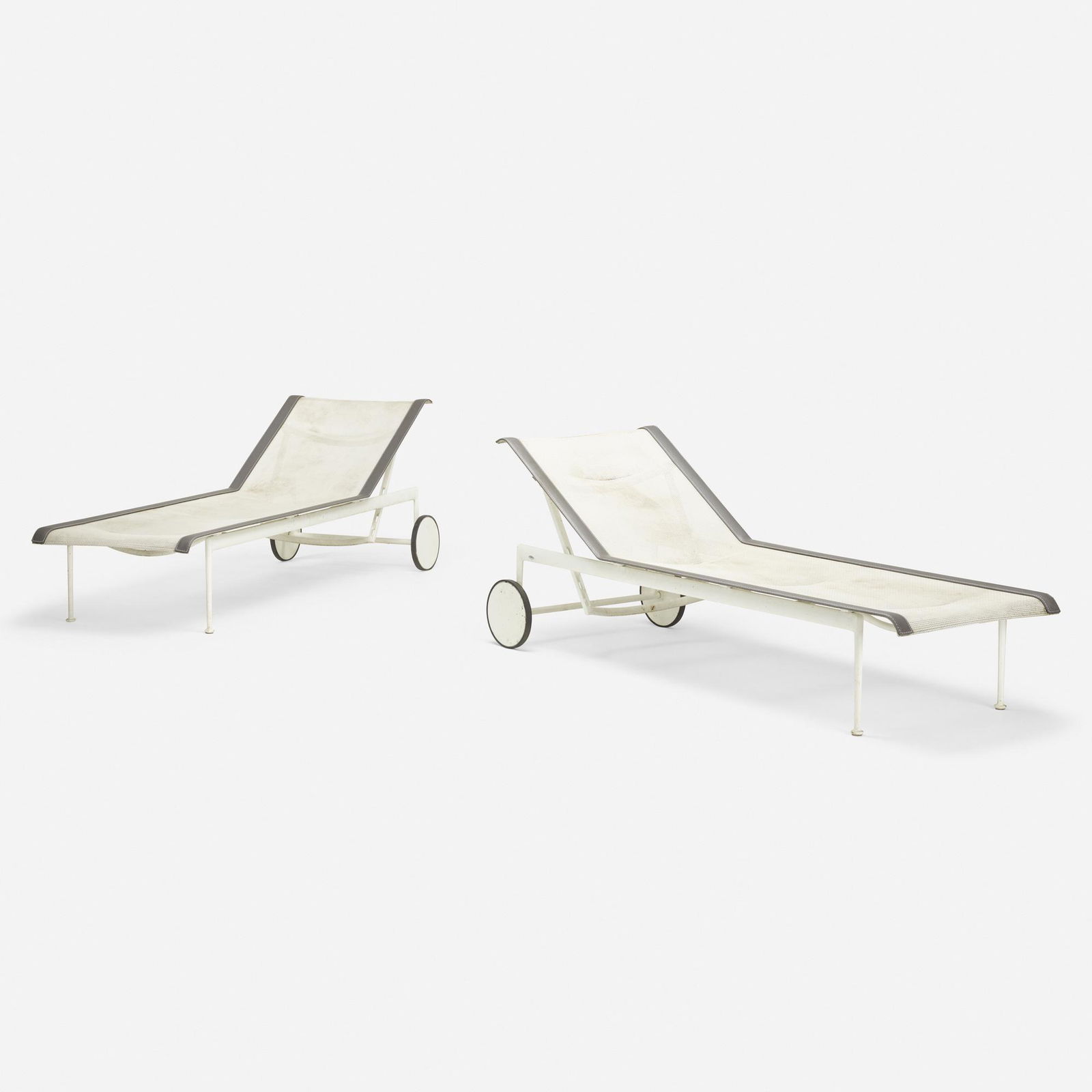 Richard Schultz, 1966 adjustable chaises, pair: Richard Schultz 1966 adjustable chaises, pair Richard Schultz Design, Inc.USA, 1966 / c. 2000enameled aluminum, nylon, vinyl, rubber76.5 w × 27 d × 36 h in (194 × 69 × 91 c