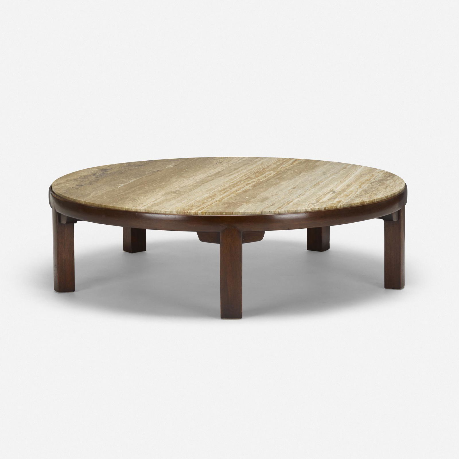Edward Wormley, coffee table, model 5219: Edward Wormley coffee table, model 5219 DunbarUSA, c. 1957mahogany, travertine48 dia × 13.5 h in (122 × 34 cm) Literature: Dunbar: Fine Furniture of the 1950