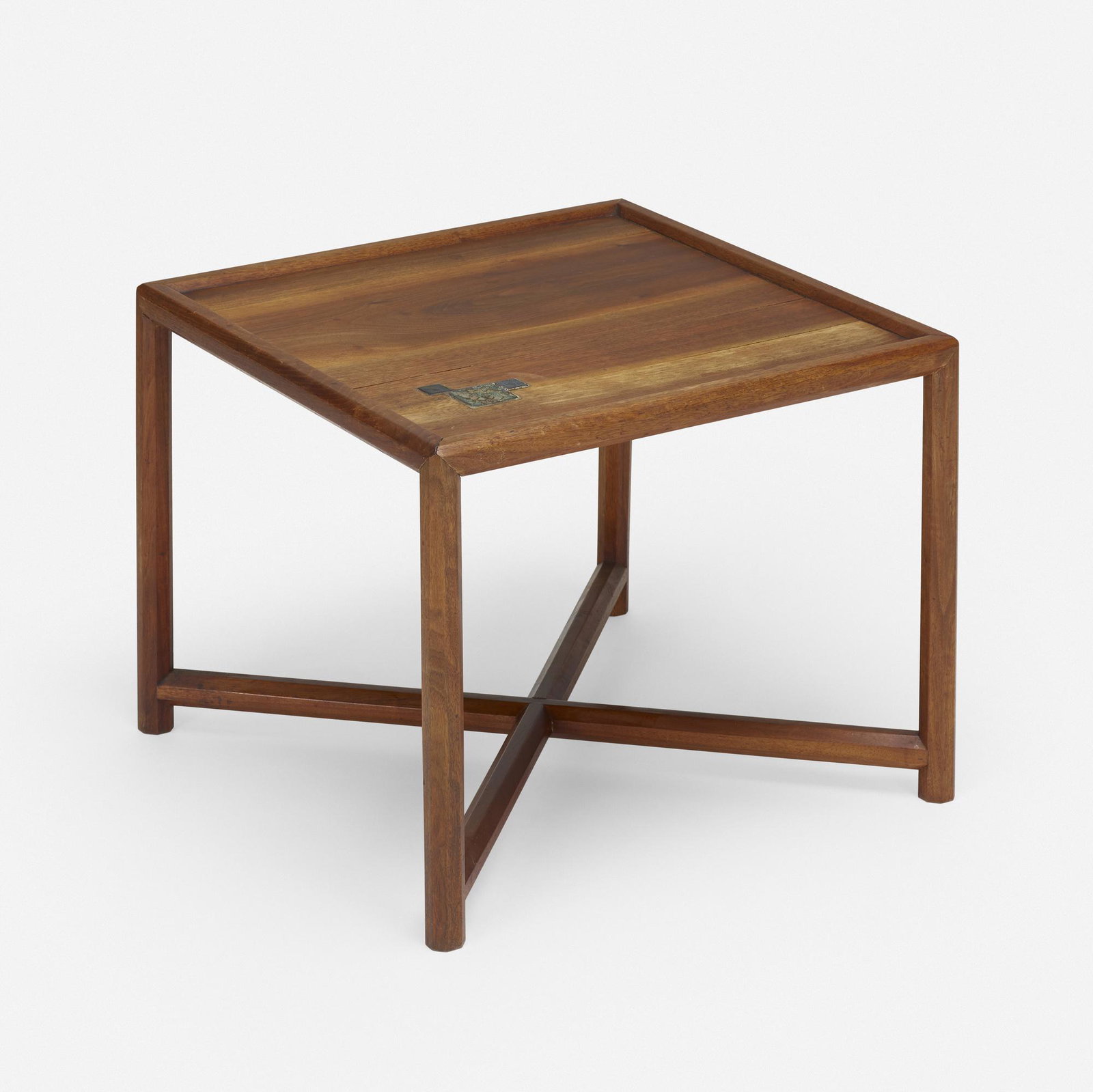 Edward Wormley, occasional table: Edward Wormley occasional table Dunbar USA, c. 1960 walnut, Tiffany glass tiles 24 w × 24 d × 18.75 h in (61 × 61 × 48 cm) Applied brass rectangular manufacturer's labe