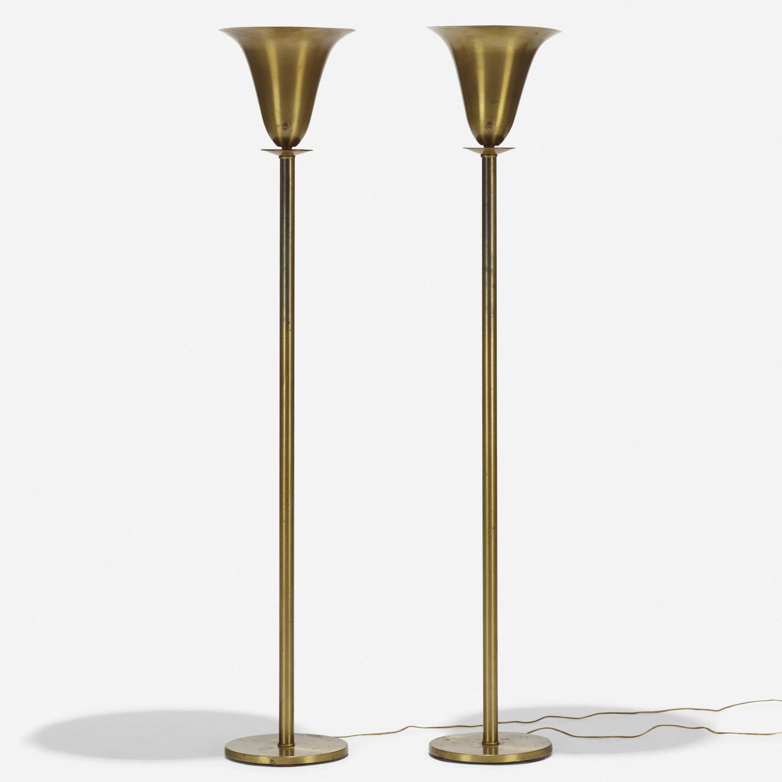 In the manner of Russel Wright, torchieres, pair: In the manner of Russel Wright torchieres, pair USA, c. 1950brass-plated steel12.25 dia × 65.5 h in (31 × 166 cm)