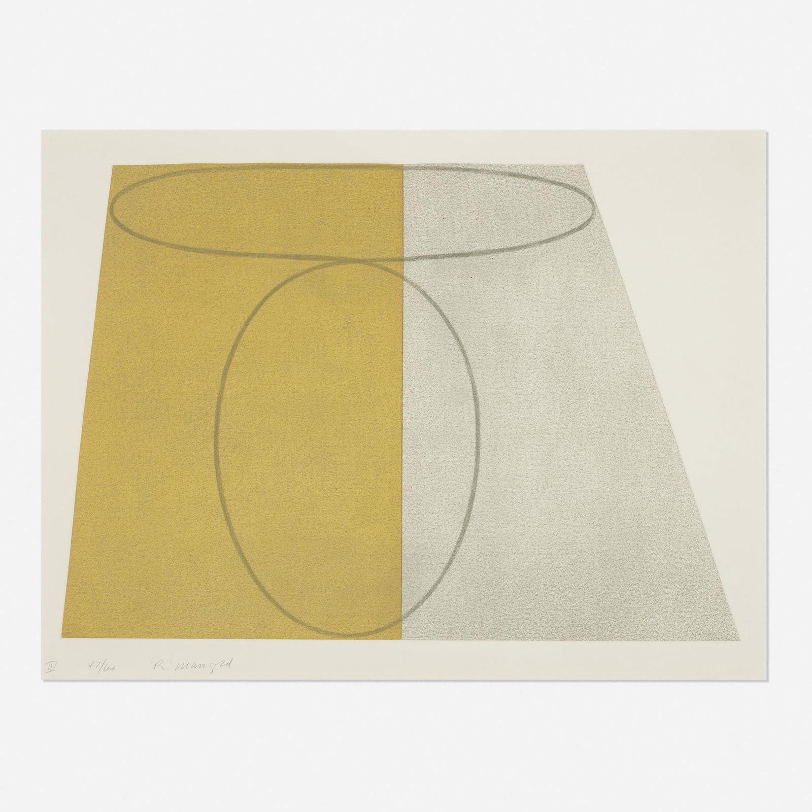 Robert Mangold, Folded IV (from Plane/Figure series): Robert Mangold Folded IV (from Plane/Figure series) 1993soft-ground etching and aquatint in colors on Arches Aquarelle Watercolor paper22.5 h × 29.75 w in (57 × 76 cm) Signed, titled