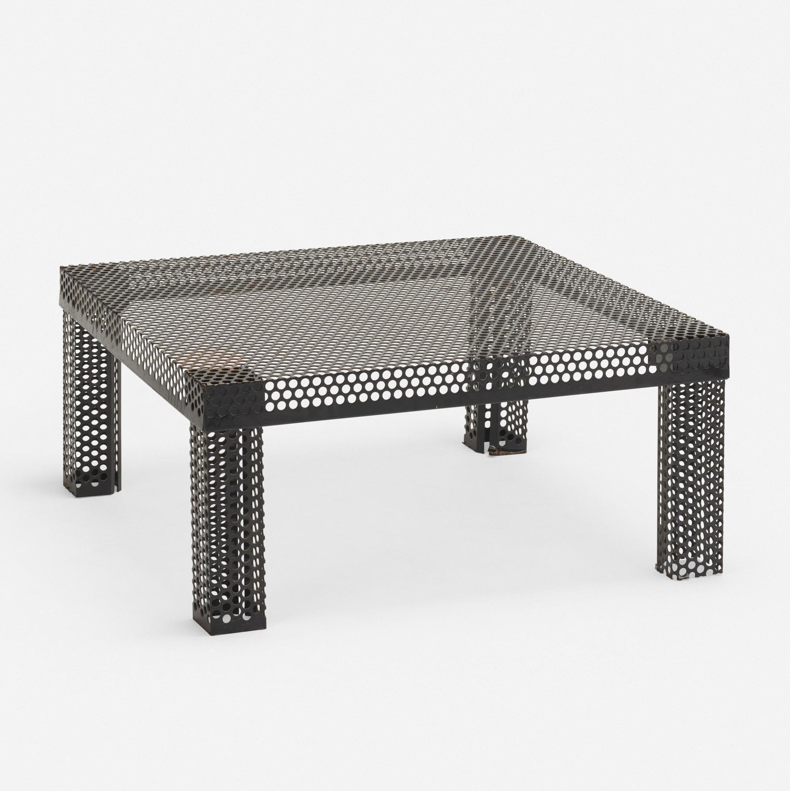 Modern, coffee table: Modern coffee table enameled and perforated steel 15 h × 32 w × 32 d in (38 × 81 × 81 cm) Provenance: Collection of John M. Hall