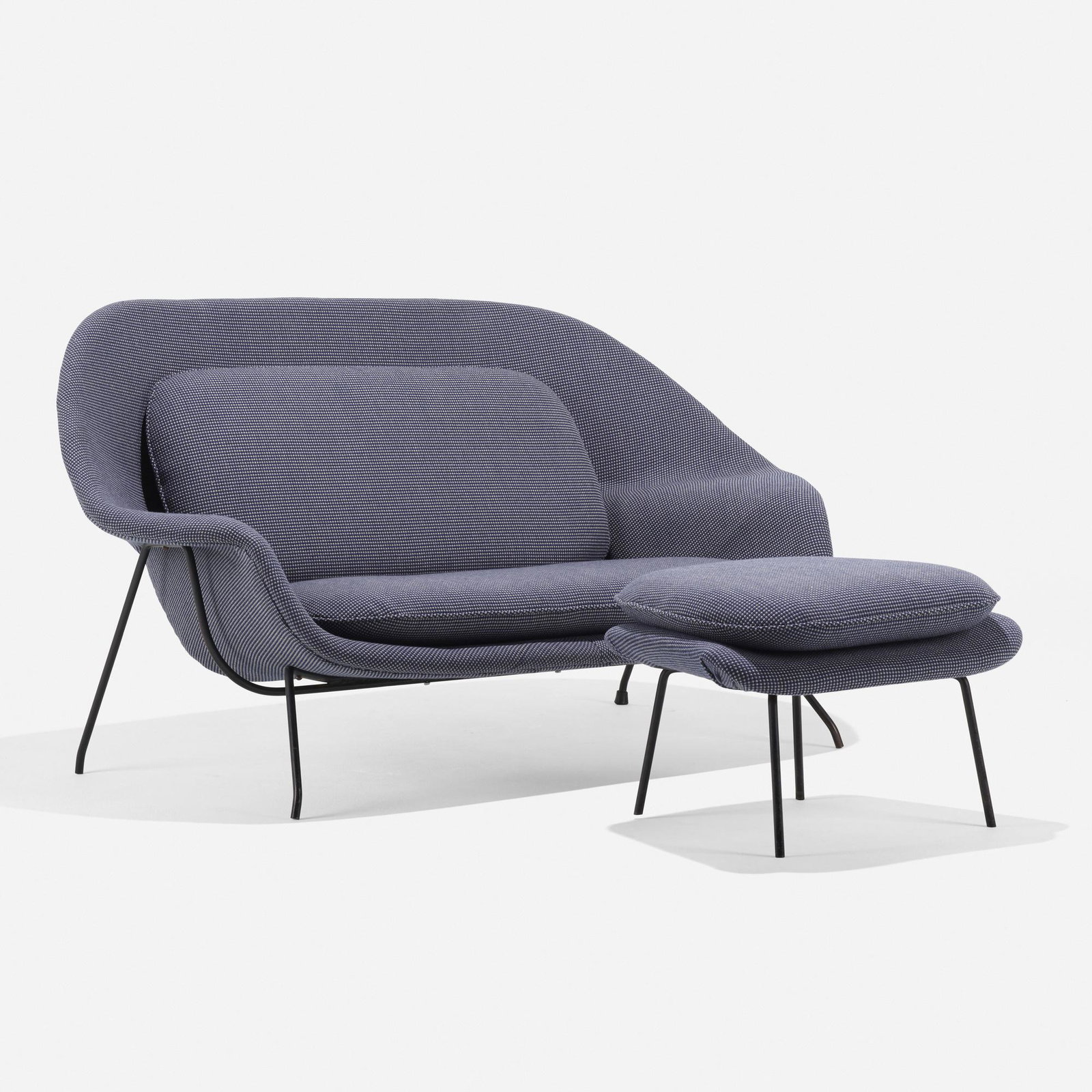 Eero Saarinen, Womb settee and ottoman: Eero Saarinen Womb settee and ottoman Knoll Associates USA, 1946 upholstery, enameled steel, rubber 60.5 w × 37 d × 33 h in (154 × 94 × 84 cm) Ottoman measures: 25 w x