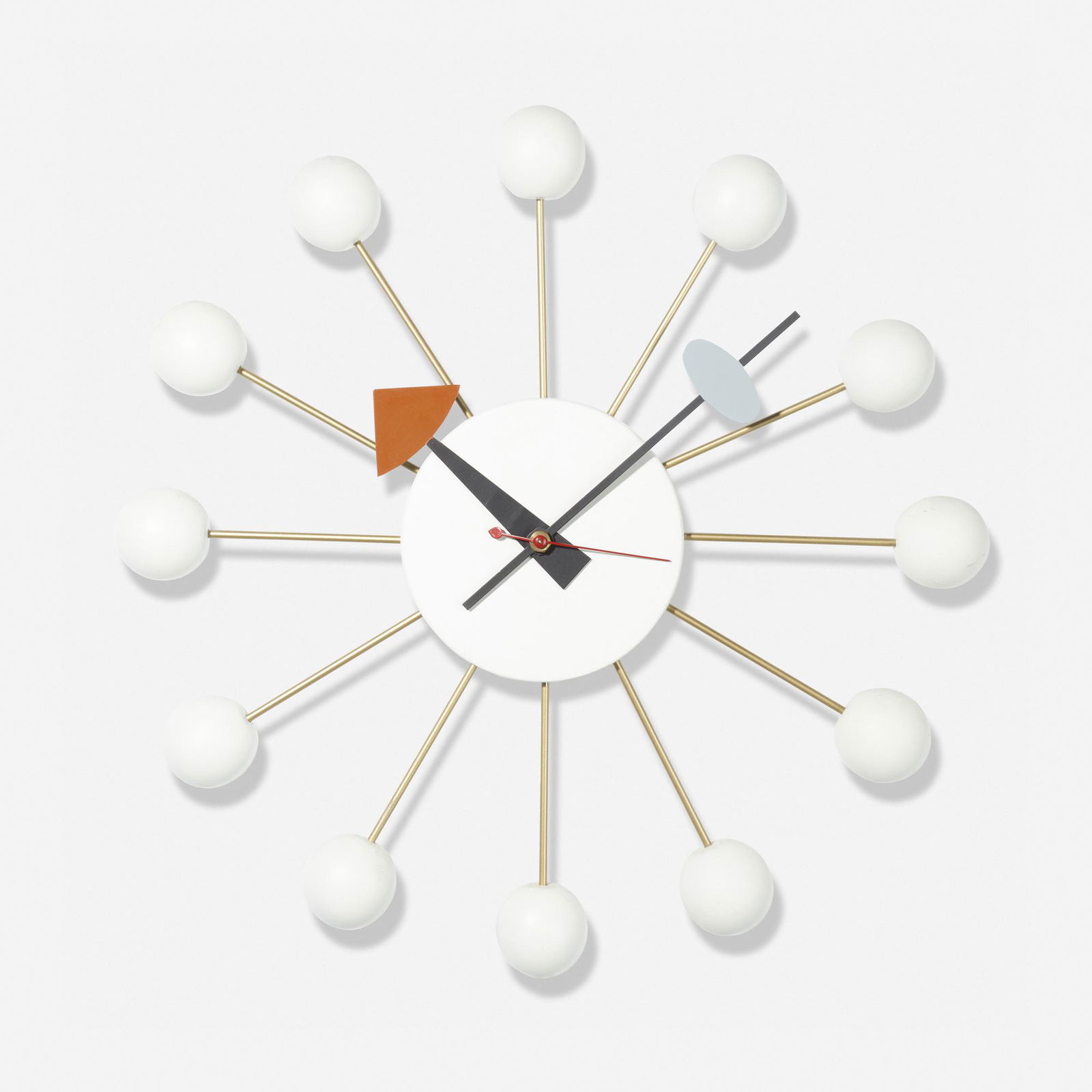 George Nelson & Associates, Ball wall clock, model 4755: George Nelson & Associates Ball wall clock, model 4755 Howard Miller Clock CompanyUSA, 1948painted wood, brass, enameled aluminum13 dia × 3 d in (33 × 8 cm) Partial decal manufa