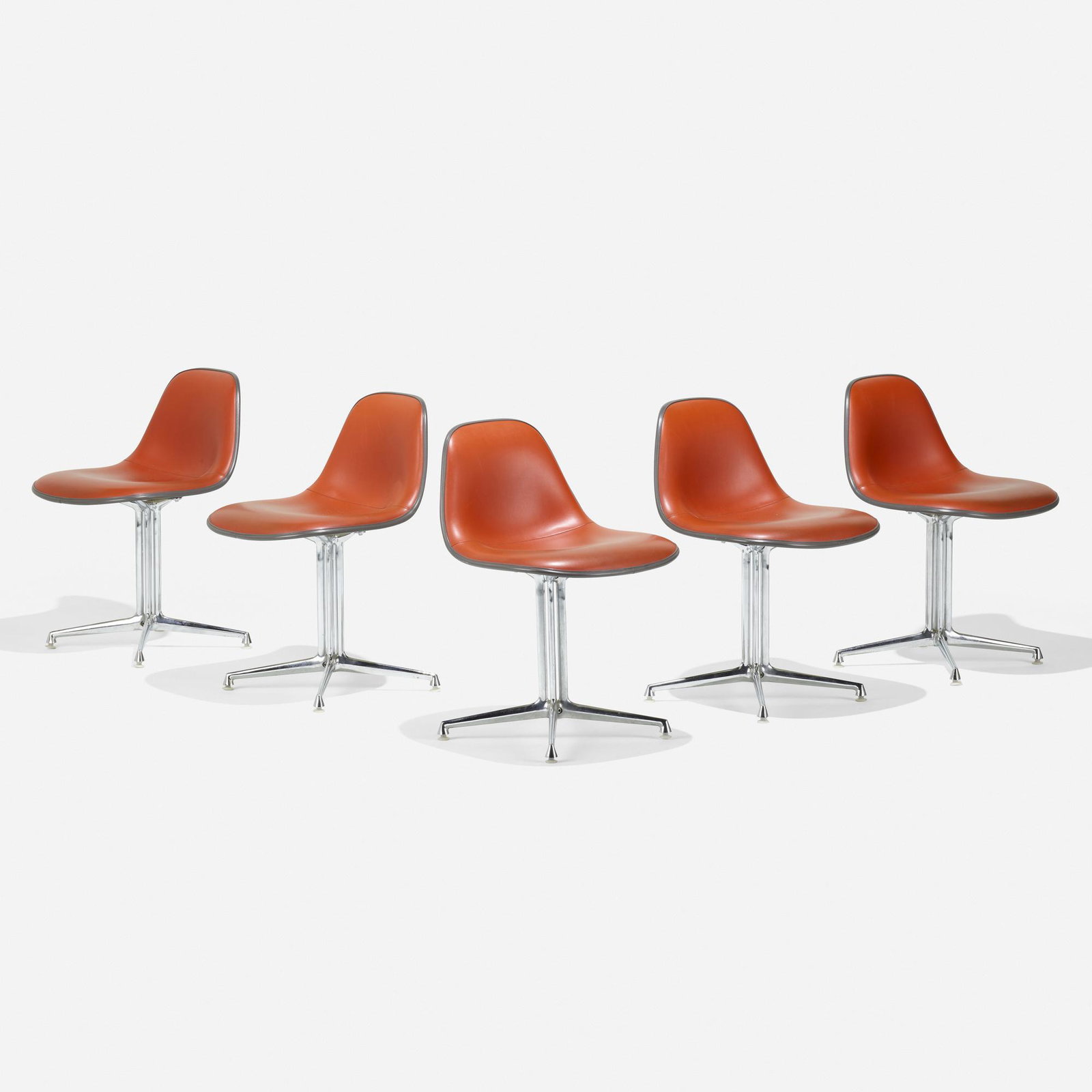 Charles and Ray Eames, La Fonda chairs, set of five: Charles and Ray Eames La Fonda chairs model 1700-1, set of five Herman Miller USA, 1960 molded fiberglass, vinyl, chrome-plated aluminum, rubber, plastic 28.75 h × 18.75 w × 21 d in (73 &