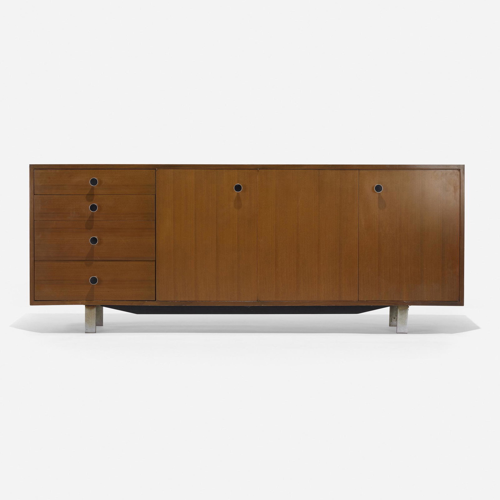 George Nelson & Associates, Special-order cabinet: George Nelson & Associates Special-order cabinet Herman Miller USA, c. 1955 walnut, chrome-plated steel, enameled aluminum 80 w × 19.5 d × 31.5 h in (203 × 50 × 80 cm)