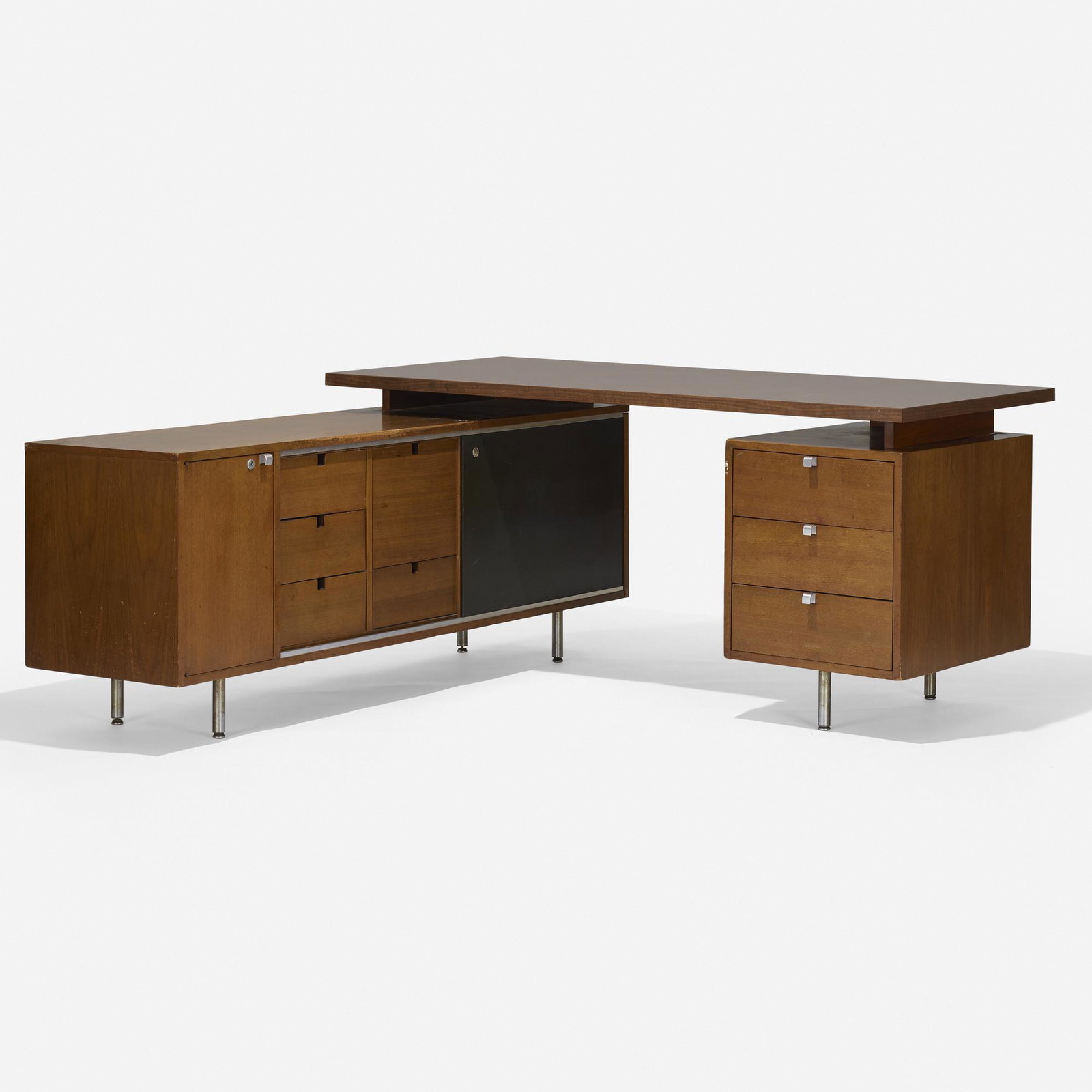 George Nelson, Executive Office Group desk and return: George Nelson & Associates Executive Office Group desk and return Herman Miller USA, 1949 / c. 1952 walnut, laminate, matte chrome-plated steel, lacquered masonite, aluminum 66 w × 73.5 d &time