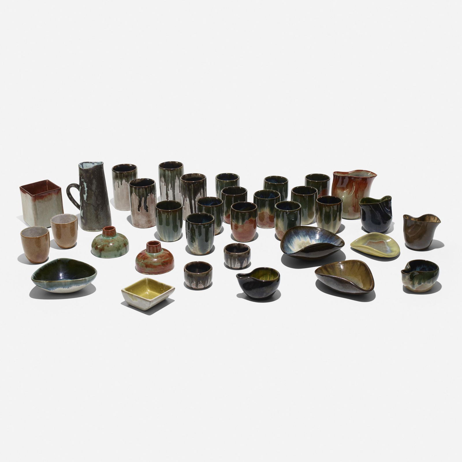 Eugene Deutch, tableware collection: Eugene Deutch tableware collection USA, 1944-53glazed earthenware5.5 w × 3.5 d × 7.75 h in (14 × 9 × 20 cm) Collection includes vessels and dishes of varying size and shap