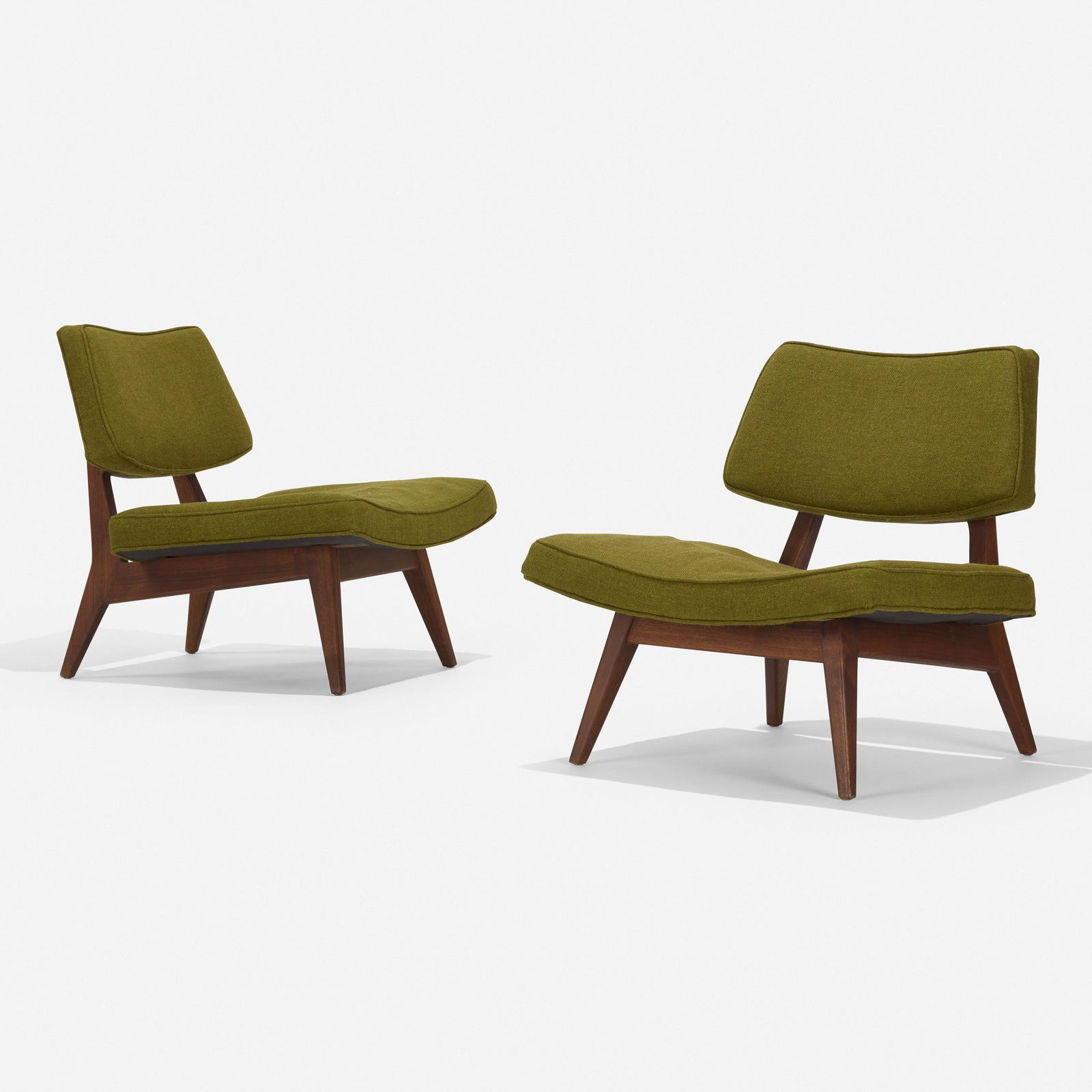 Jens Risom, lounge chairs model U-416, pair: Jens Risom lounge chairs model U-416, pair Jens Risom Design Inc.USA, c. 1955upholstery, walnut29 w × 31 d × 30 h in (74 × 79 × 76 cm) Decal registration label to un