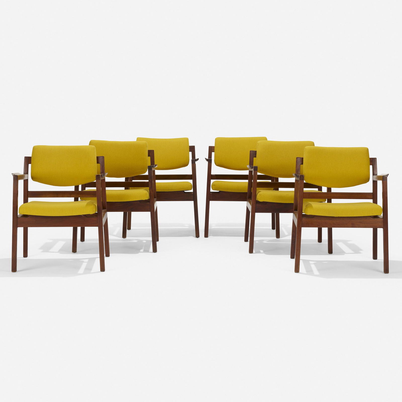 Jens Risom, dining chairs model C-170, set of six: Jens Risom dining chairs model C-170, set of six Jens Risom Design Inc.USA, c. 1955walnut, upholstery24.25 w × 25.5 d × 31 h in (62 × 65 × 79 cm) Provenance: