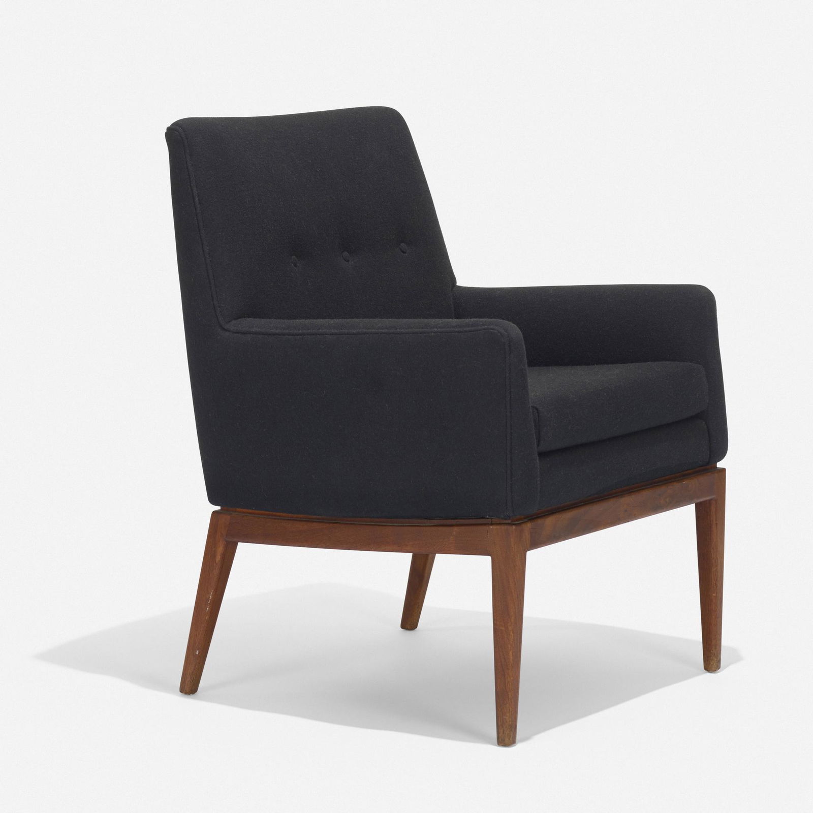 Jens Risom, lounge chair, model 1139: Jens Risom lounge chair, model 1139 Jens Risom Design Inc.USA, c. 1960wool upholstery, walnut27 w × 27 d × 34 h in (69 × 69 × 86 cm) Nylon manufacturer's label to un