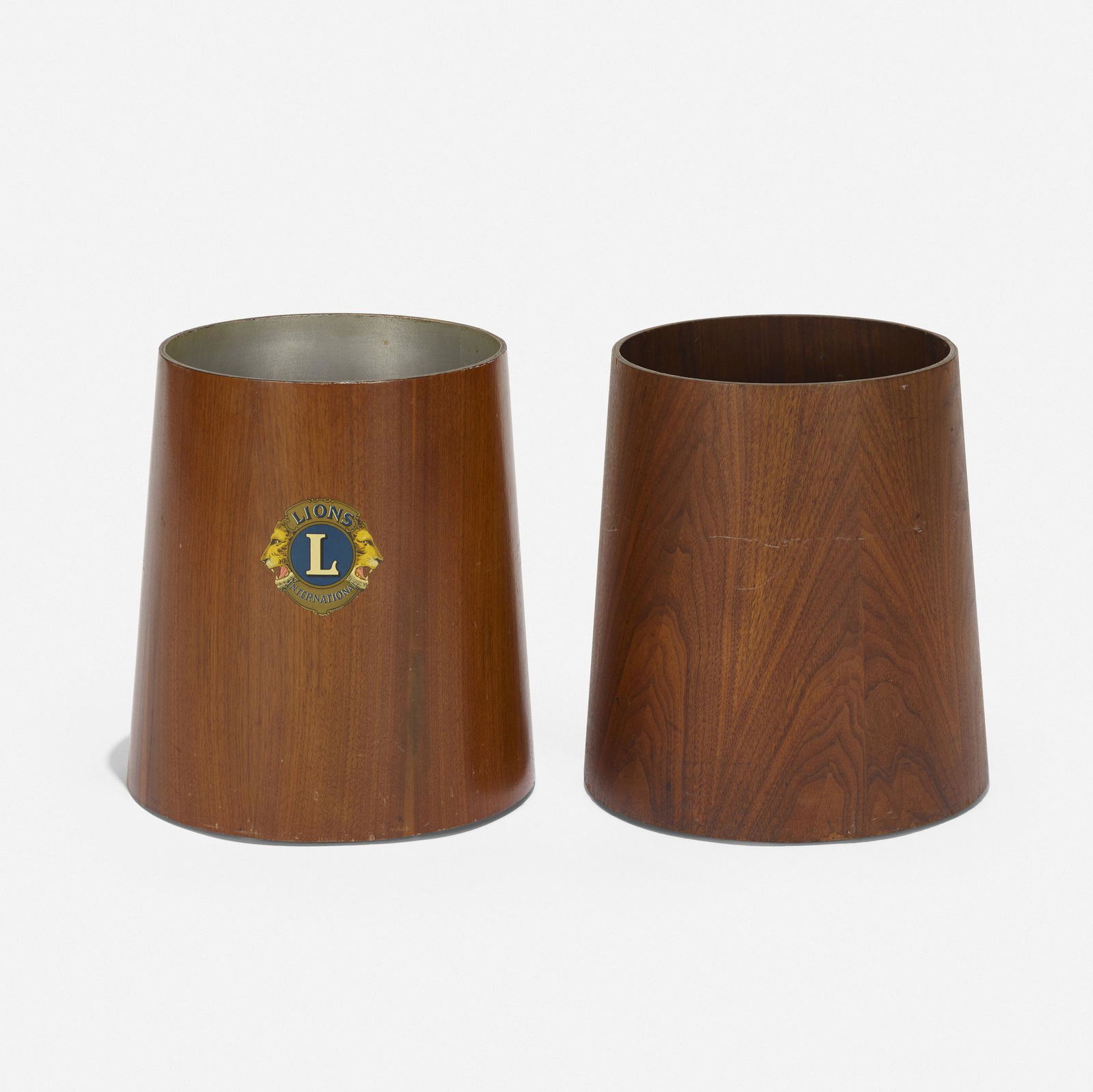 Jens Risom, wastepaper baskets, set of two: Jens Risom wastepaper baskets, set of two Jens Risom Design Inc.USA, c. 1960walnut, aluminum12 dia × 13.25 h in (30 × 34 cm) Metal manufacturer's label to underside of each exam