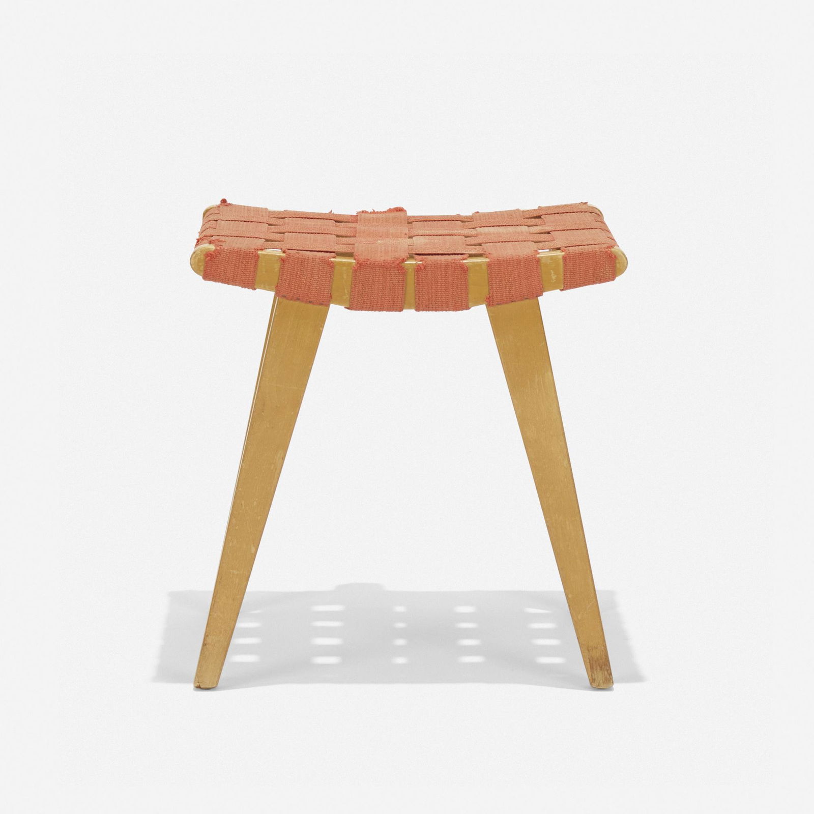 Jens Risom, Early stool, model 667-W: Jens Risom Early stool, model 667-W Knoll AssociatesUSA, c. 1947birch, canvas webbing15 w × 16.5 d × 17.25 h in (38 × 42 × 44 cm) Partially applied manufacturer's la