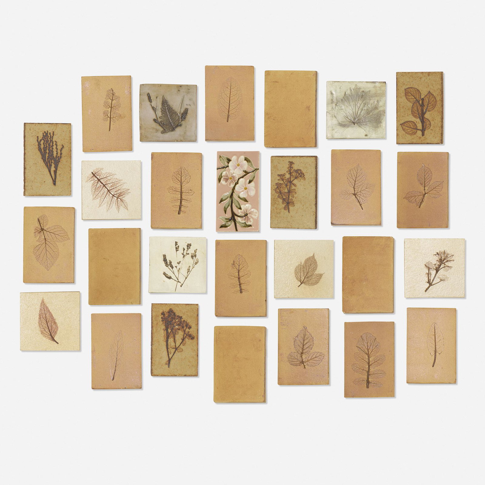 Roger Capron, collection of forty-three tiles: Roger Capron collection of forty-three tiles France, c. 1965glazed ceramic Collection includes twenty-three tiles with leaf pattern motifs and twenty blank examples. Signed to verso of four examples '