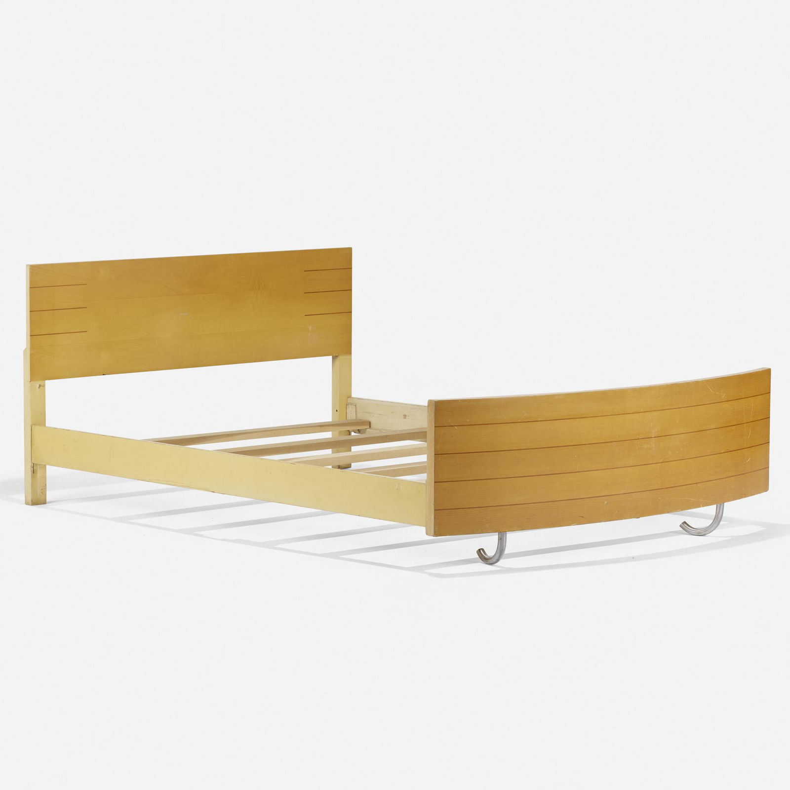 Gilbert Rohde, full-sized bed: Gilbert Rohde full-sized bed Herman MillerUSA, 1933birch, inlaid wood, lacquered wood, tubular steel56.5 w × 84 d × 32 h in (144 × 213 × 81 cm) Metal manufacturer's