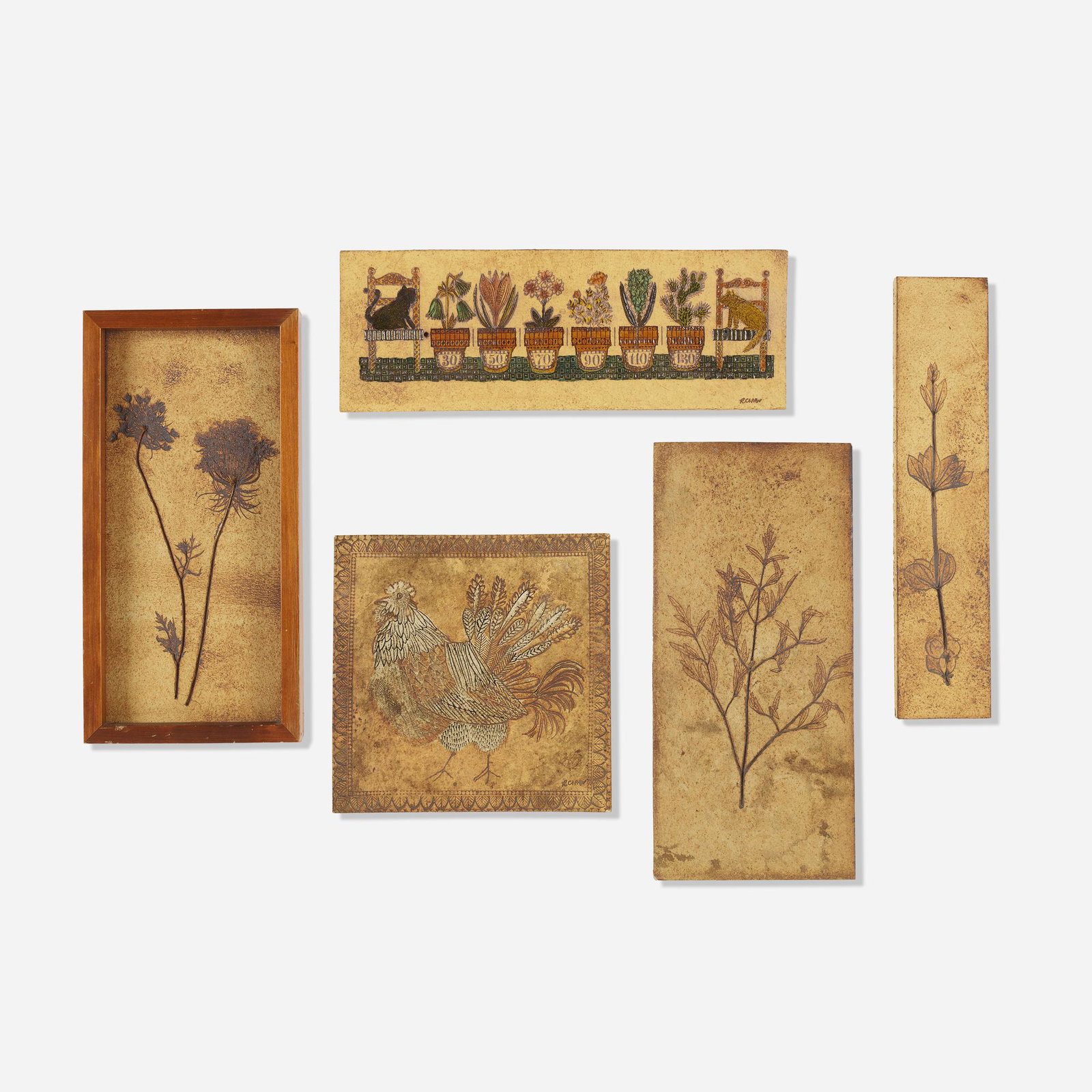 Roger Capron, collection of five tiles: Roger Capron collection of five tiles France, c. 1965glazed stoneware6.5 w × 0.5 d × 14 h in (17 × 1 × 36 cm) Incised signature to one example 'R. Capron'.
