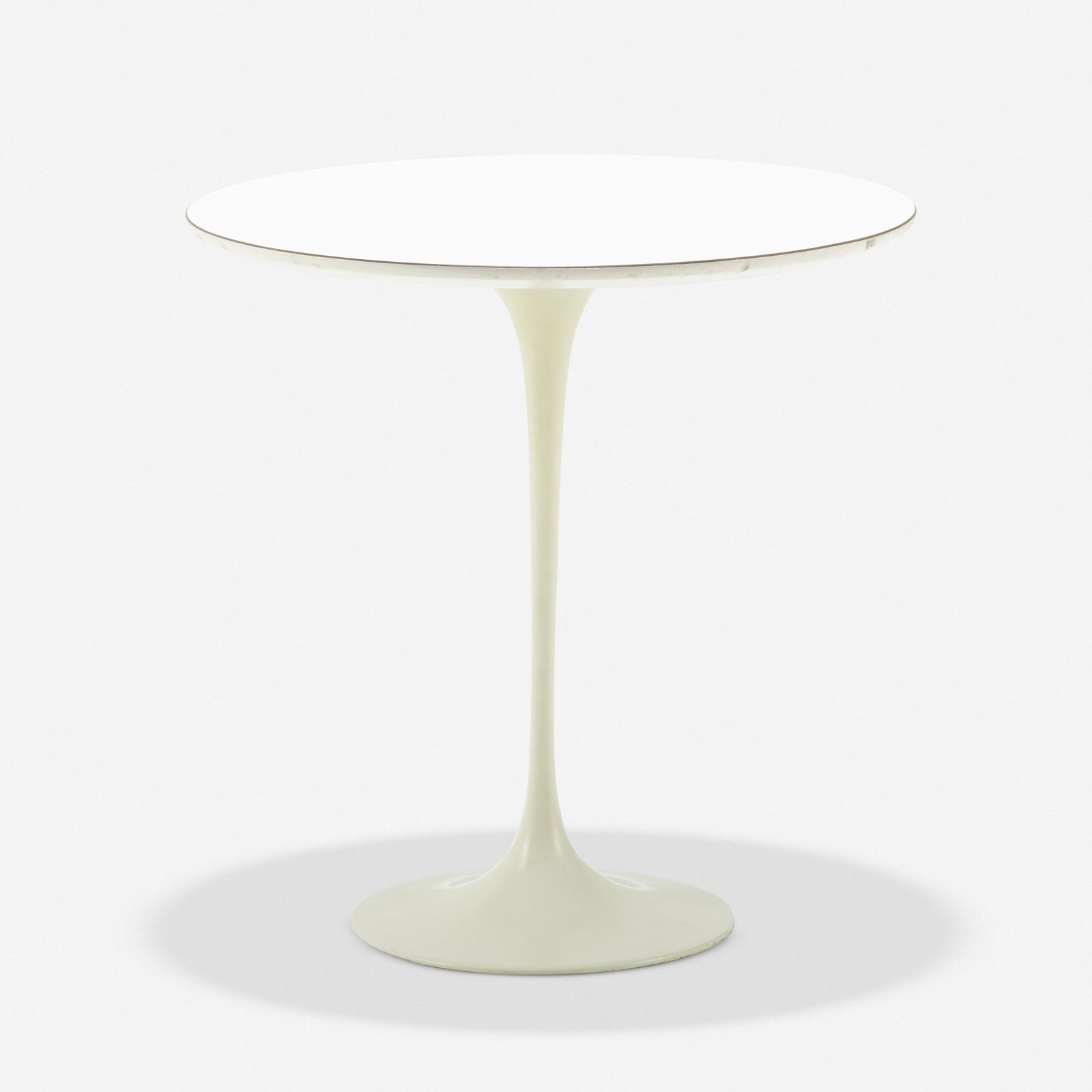 Eero Saarinen, occasional table, model 163F: Eero Saarinen occasional table, model 163F Knoll Associates USA, 1957 laminate, enameled metal 19.75 dia × 20.25 h in (50 × 51 cm) Decal manufacturer's label to uderside 'Knoll Ass
