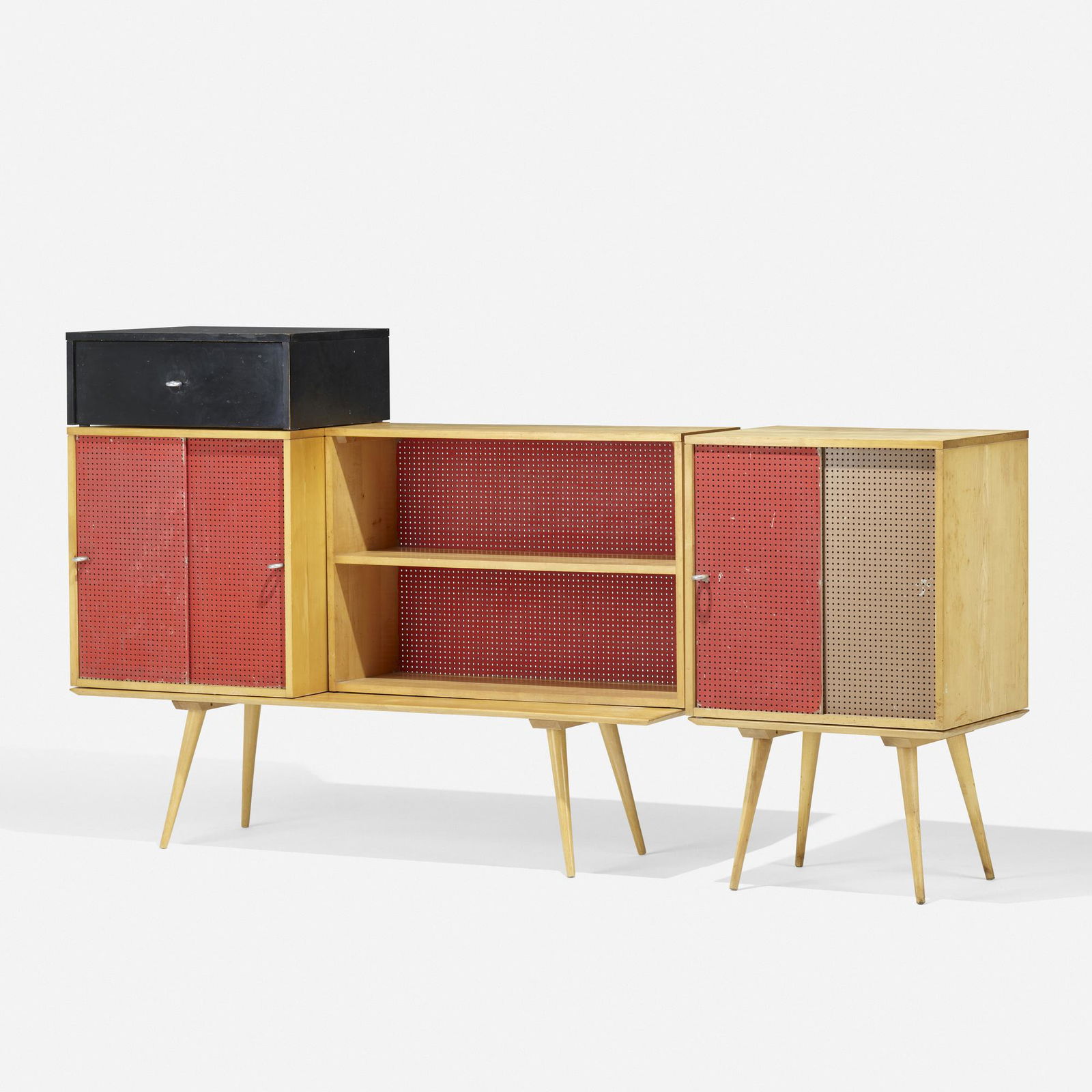 Paul McCobb, Planner Group cabinets with benches: Paul McCobb Planner Group cabinets with benches WinchendonUSA, c. 1950birch, maple, painted wood, metal47.75 h × 84.5 w × 18 d in (121 × 215 × 46 cm) Lot is comprise