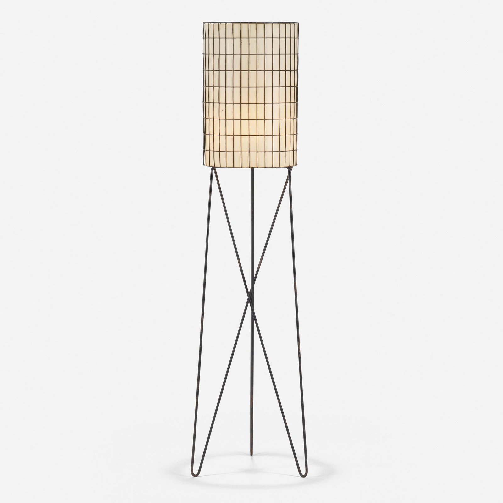 Paul Mayen, floor lamp: Paul Mayen floor lamp USA, c. 1955enameled steel, fiberglass shade14.75 dia × 57.75 h in (37 × 147 cm) please note: This work will ship from Rago in Lambertville, New Jer