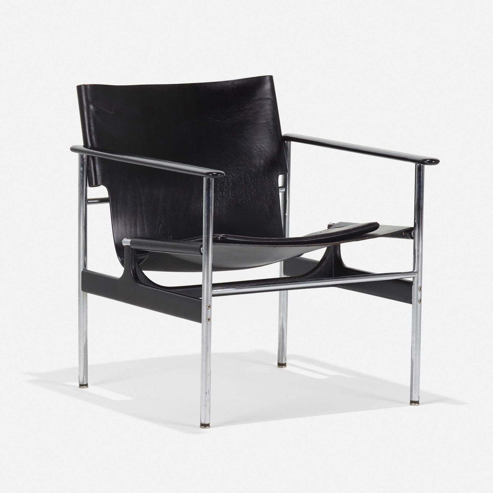Charles Pollock, sling chair, model 657: Charles Pollock sling chair, model 657 Knoll InternationalUSA, 1964saddle leather, chrome-plated steel, enameled aluminum28 h × 24.5 w × 26 d in (71 × 62 × 66 cm) Up