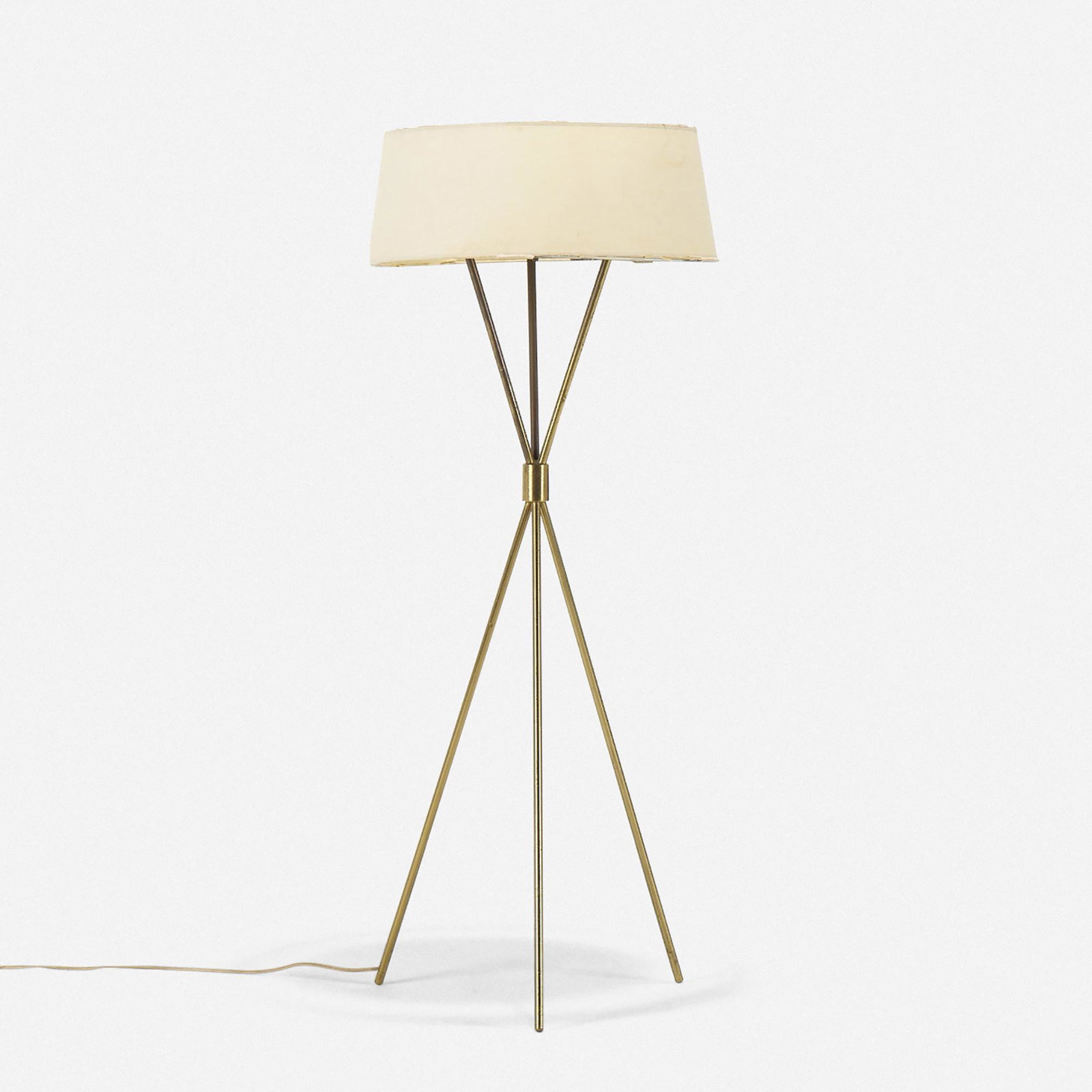 T.H. Robsjohn-Gibbings, floor lamp, model 201-M: T.H. Robsjohn-Gibbings floor lamp, model 201-M Hansen United Kingdom / USA, c. 1952 enameled metal, brass 17 dia × 49 h in (43 × 124 cm) Etched manufacturer's mark to top of diffus