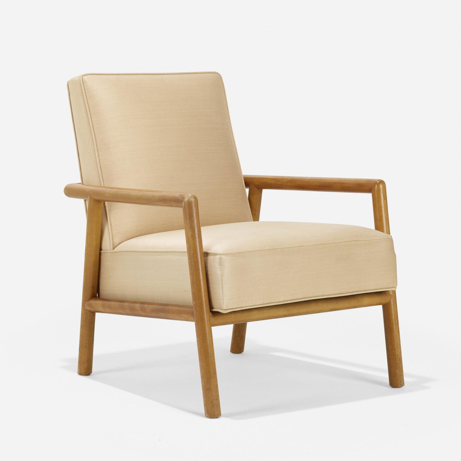 T.H. Robsjohn-Gibbings, lounge chair, model 1601: T.H. Robsjohn-Gibbings lounge chair, model 1601 Widdicomb United Kingdom / USA, c. 1955 bleached walnut, upholstery 24 w × 27 d × 30.5 h in (61 × 69 × 77 cm) Metal manu