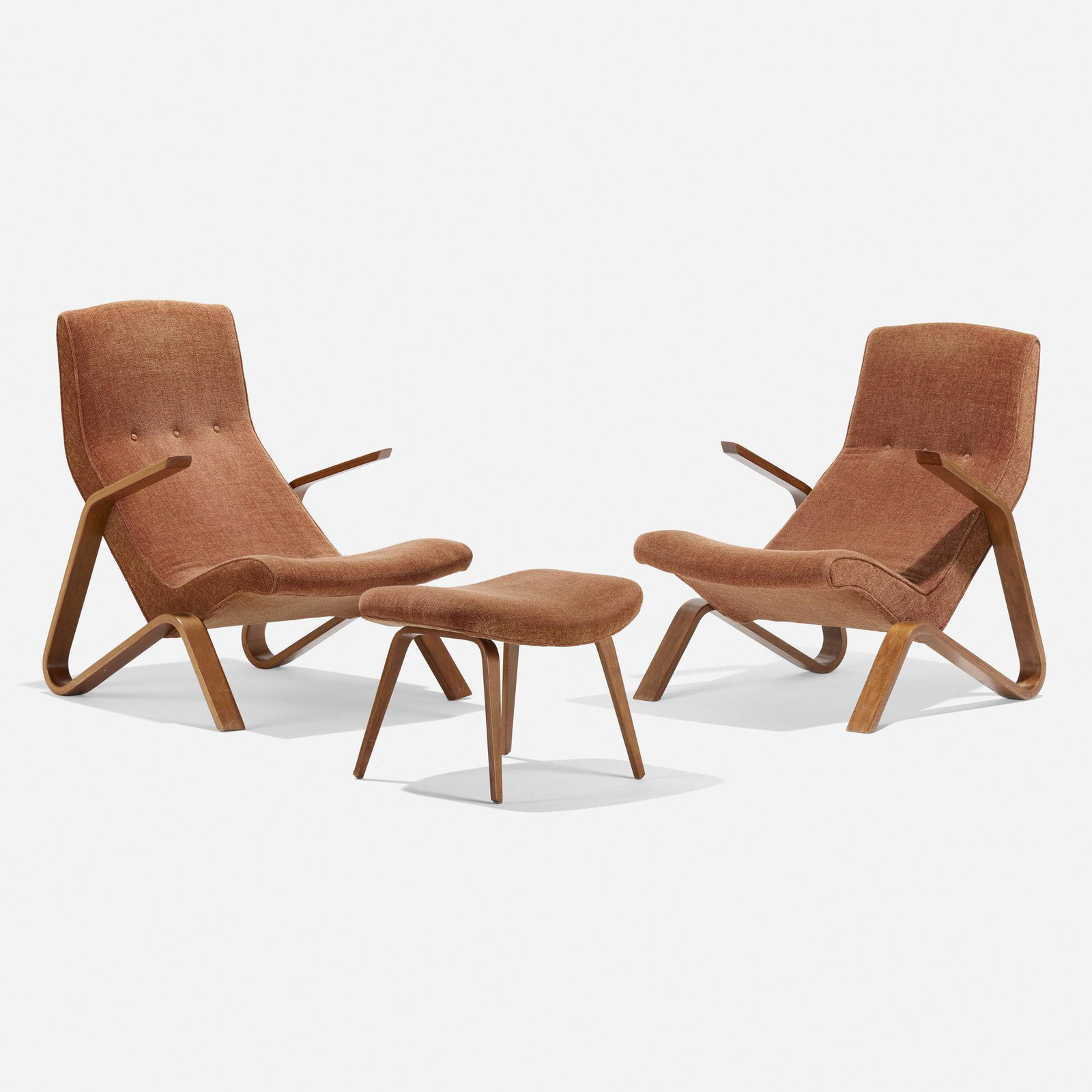 Eero Saarinen, Grasshopper chairs, pair and ottoman: Eero Saarinen Grasshopper chairs, pair and ottoman Knoll Associates USA, 1948 laminated birch, upholstery 29.75 w × 33 d × 34.5 h in (76 × 84 × 88 cm) Ottoman measures: