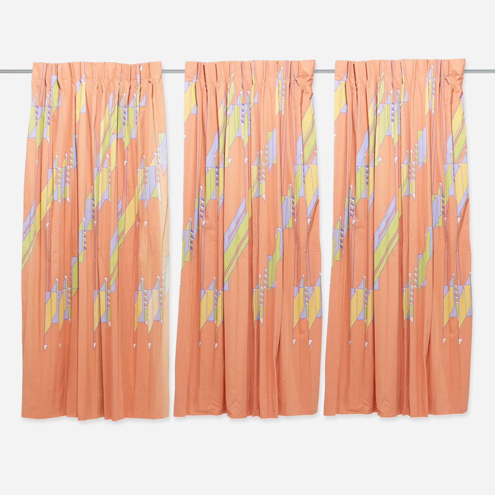 Frank Lloyd Wright, curtains from the Arizona Biltmore: After Frank Lloyd Wright Custom curtains from the Arizona Biltmore Hotel, set of eleven USA, 1973screenprint on linen35 w × 93 h in (89 × 236 cm) When a fire damaged most of the Arizo