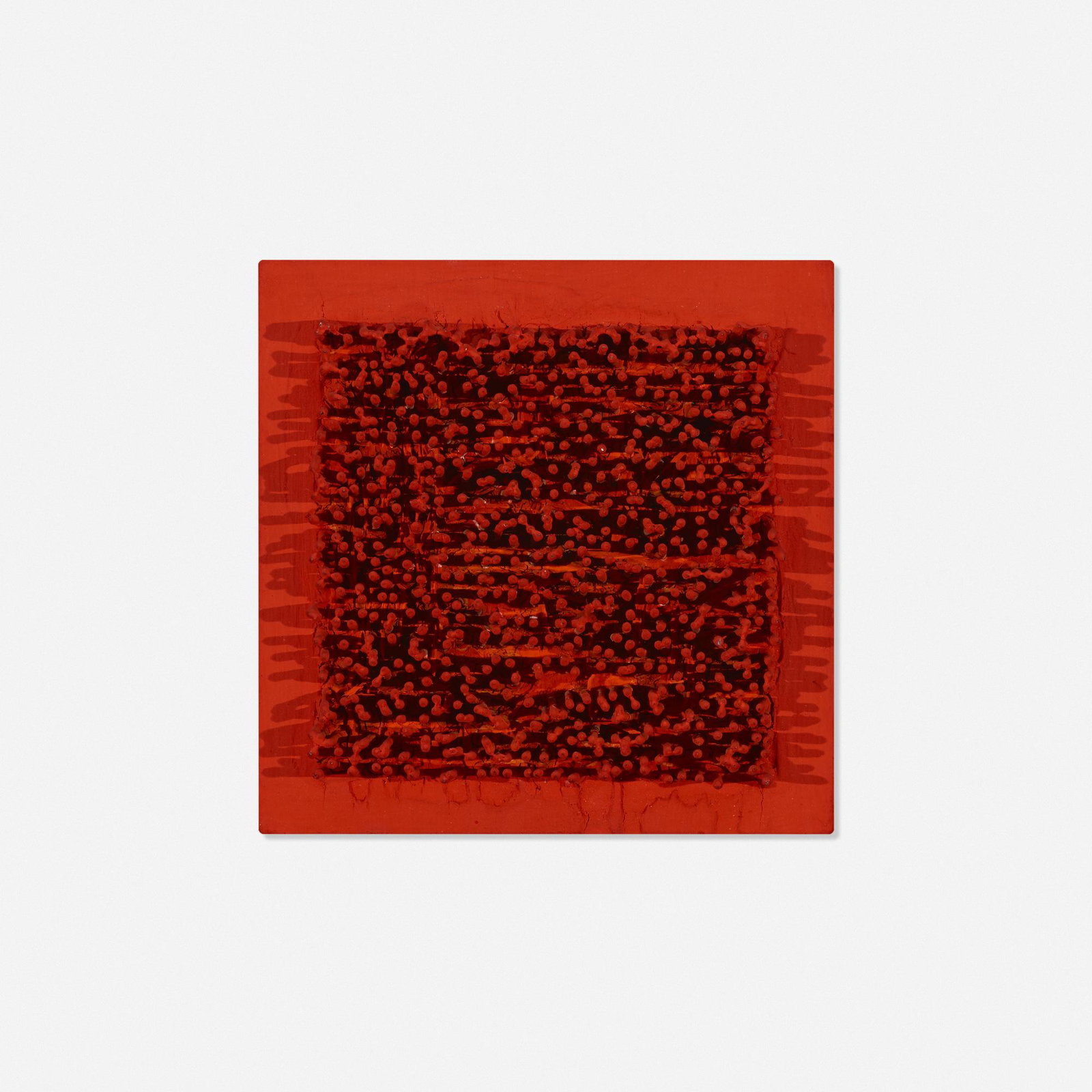 Bernard Aubertin, Tableau-clous: Bernard Aubertin Tableau-clous 1970 nails, wood, paint 6.5 h × 6.5 w × 1.75 d in (17 × 17 × 4 cm) Signed and dated to verso 'Bernard Aubertin 1970'. Sold with a certificate