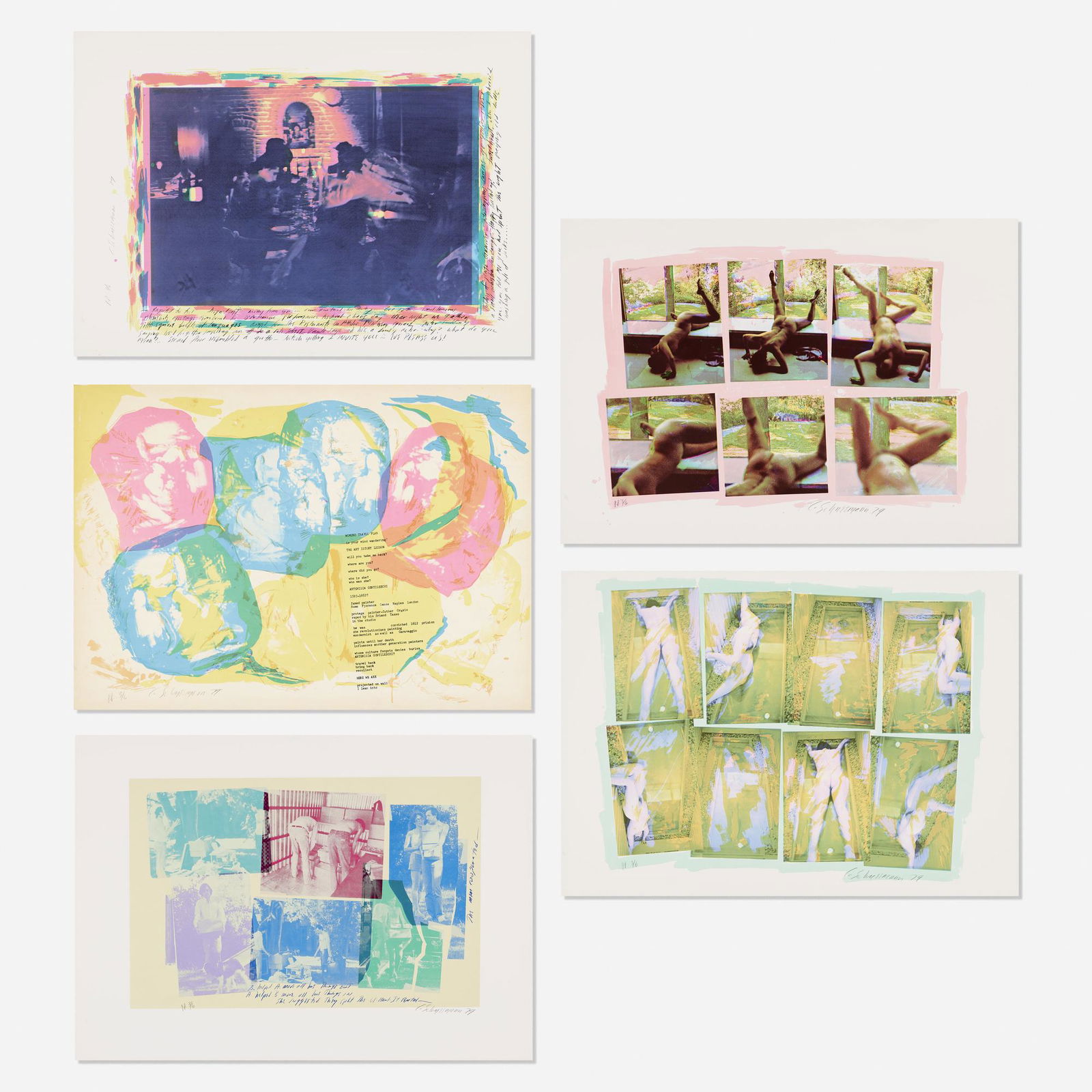 Carolee Schneemann, five works: Carolee Schneemann five works 1979photo-screenprint in colors30 h × 42.5 w in (76 × 108 cm) Signed, dated and numbered to edge of each work 'P.P. 3/6 C. Schneemann 79'. Lot includes <