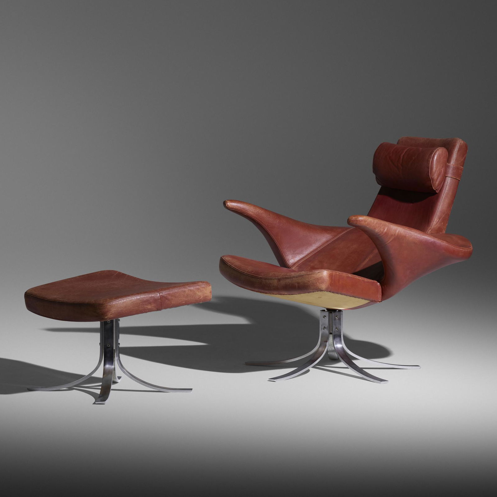 Berg and Eriksson, Seagull chair and ottoman: Gosta Berg and Stenerik Eriksson Seagull chair and ottoman Fritz HansenDenmark, 1968matte chrome-plated steel, leather37 w × 37 d × 35 h in (94 × 94 × 89 cm) Ottoman