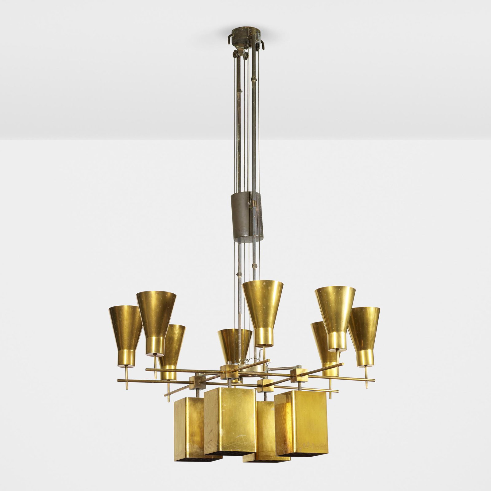 Paavo Tynell, Custom chandelier: Paavo Tynell Custom chandelier Taito OY Finland, c. 1954 brass, perforated brass, patinated brass, steel wire 58 w × 58 d × 108 h in (147 × 147 × 274 cm) Impressed manu