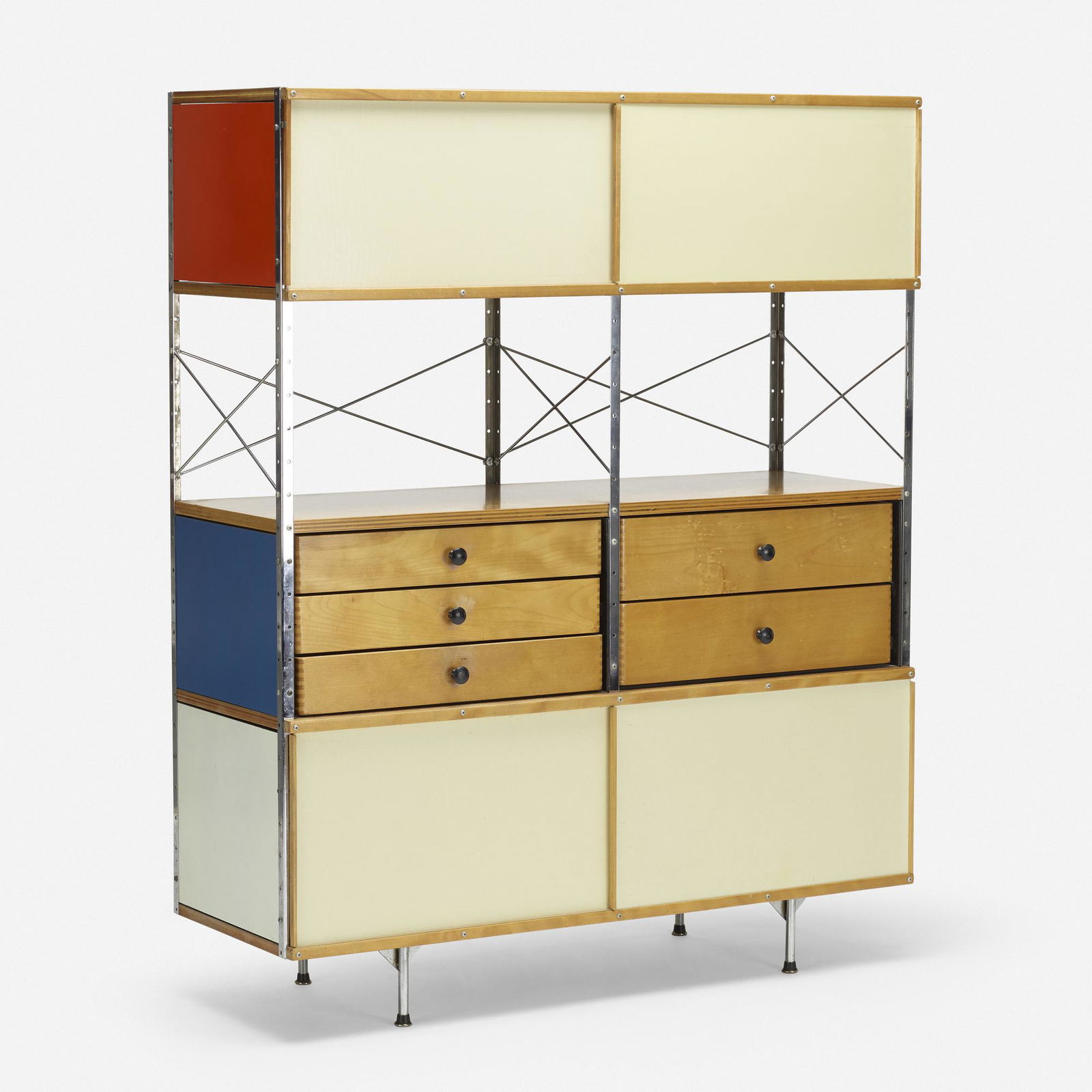 Charles and Ray Eames, ESU 400-C: Charles and Ray Eames ESU 400-C Herman MillerUSA, 1950 / 1952fiberglass, enameled masonite, birch plywood, chrome-plated steel, birch, enameled steel58 h × 47 w × 17 d in (147 ×