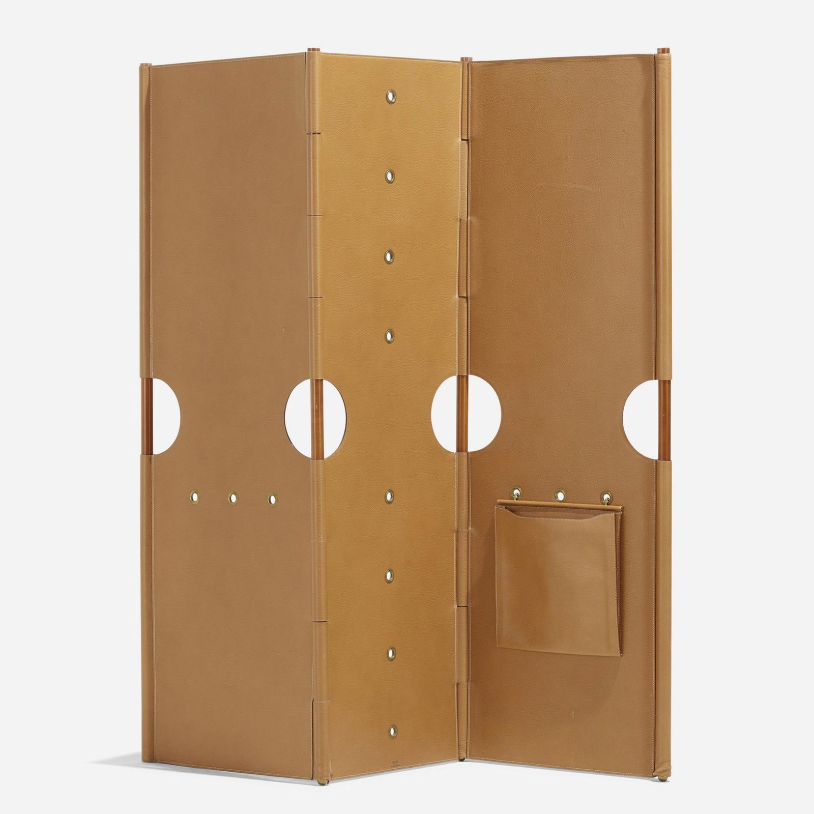 Rena Dumas for Hermes, Rare Pippa screen: Rena Dumas for Hermes Rare Pippa screen France, c. 1985stitched leather, brass, maple55.25 h × 43.75 w × 1.25 d in (140 × 111 × 3 cm) Signed to base and interior of pocket