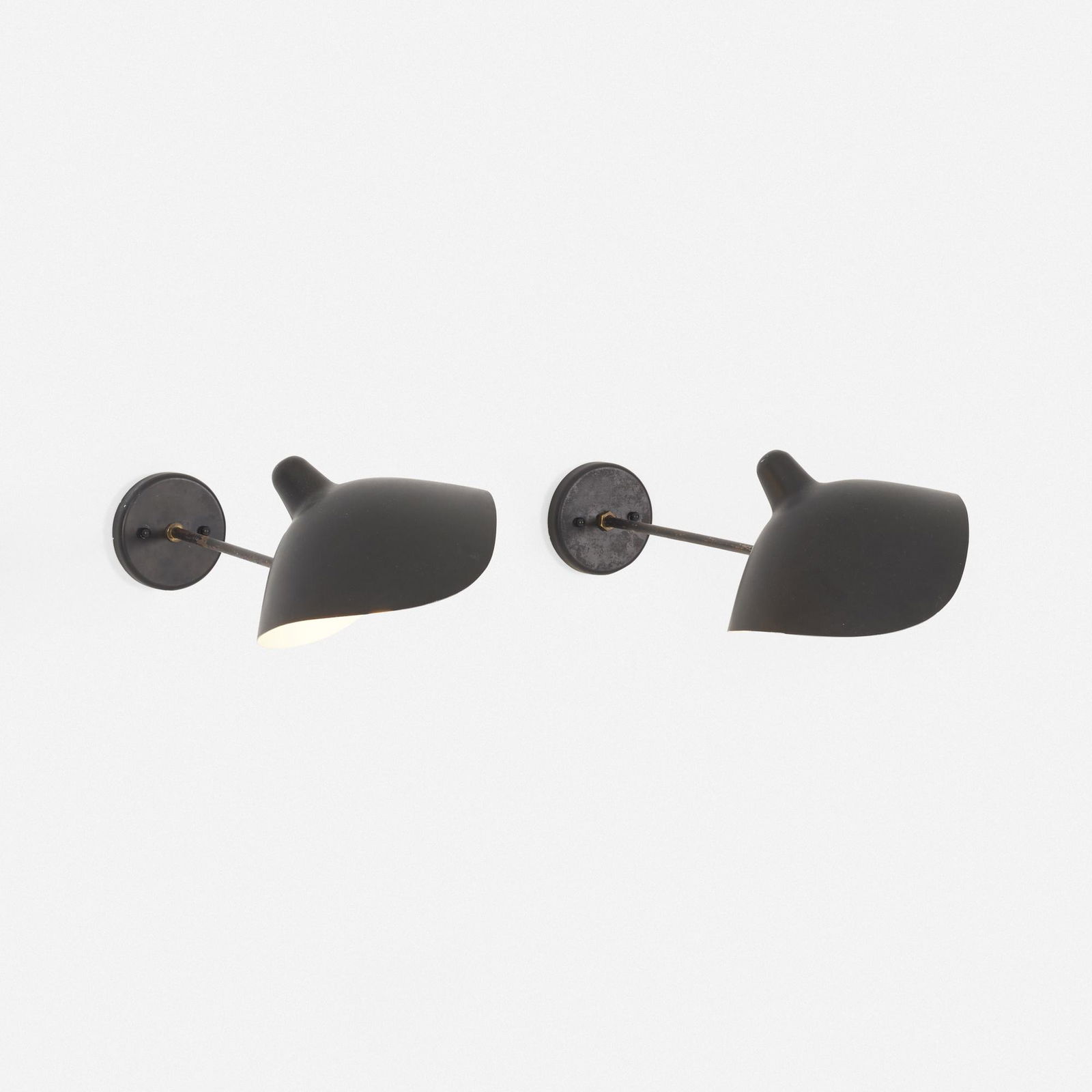 Serge Mouille, Appliques a Deux Rotules, pair: Serge Mouille Appliques a Deux Rotules, pair Ateliers Serge MouilleFrance, c. 1953enameled aluminum, enameled steel, brass9.5 w × 23 d × 6.5 h in (24 × 58 × 17 cm) <