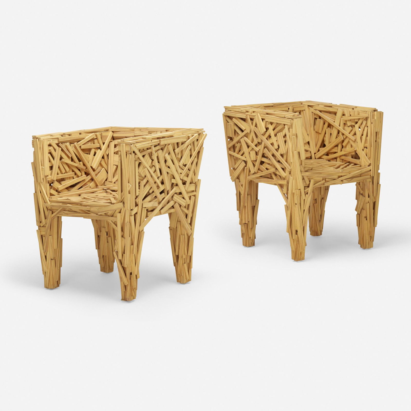 Campana Brothers, Early Favela chairs, pair: Fernando and Humberto Campana Early Favela chairs, pair EdraBrazil / Italy, c. 2003Brazilian Pinus wood25.5 w × 25 d × 30 h in (65 × 63 × 76 cm) Provenance:<