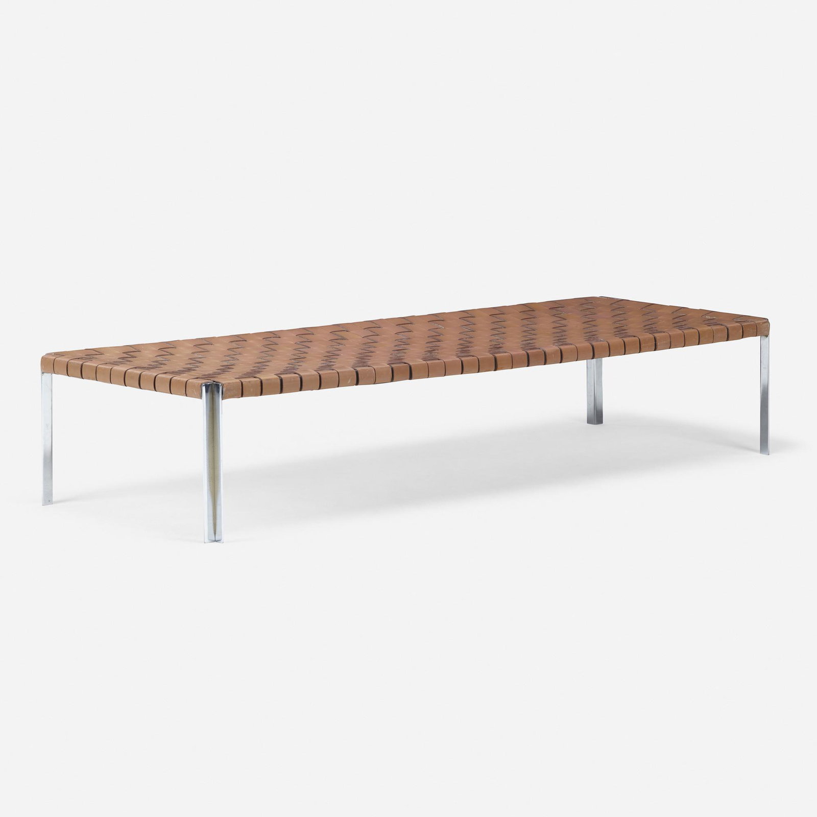 Erwine and Estelle Laverne, bench: Erwine and Estelle Laverne bench Laverne Originals USA, c. 1955 leather, chrome-plated steel 74.5 w × 26.25 d × 14 h in (189 × 67 × 36 cm) This work will s