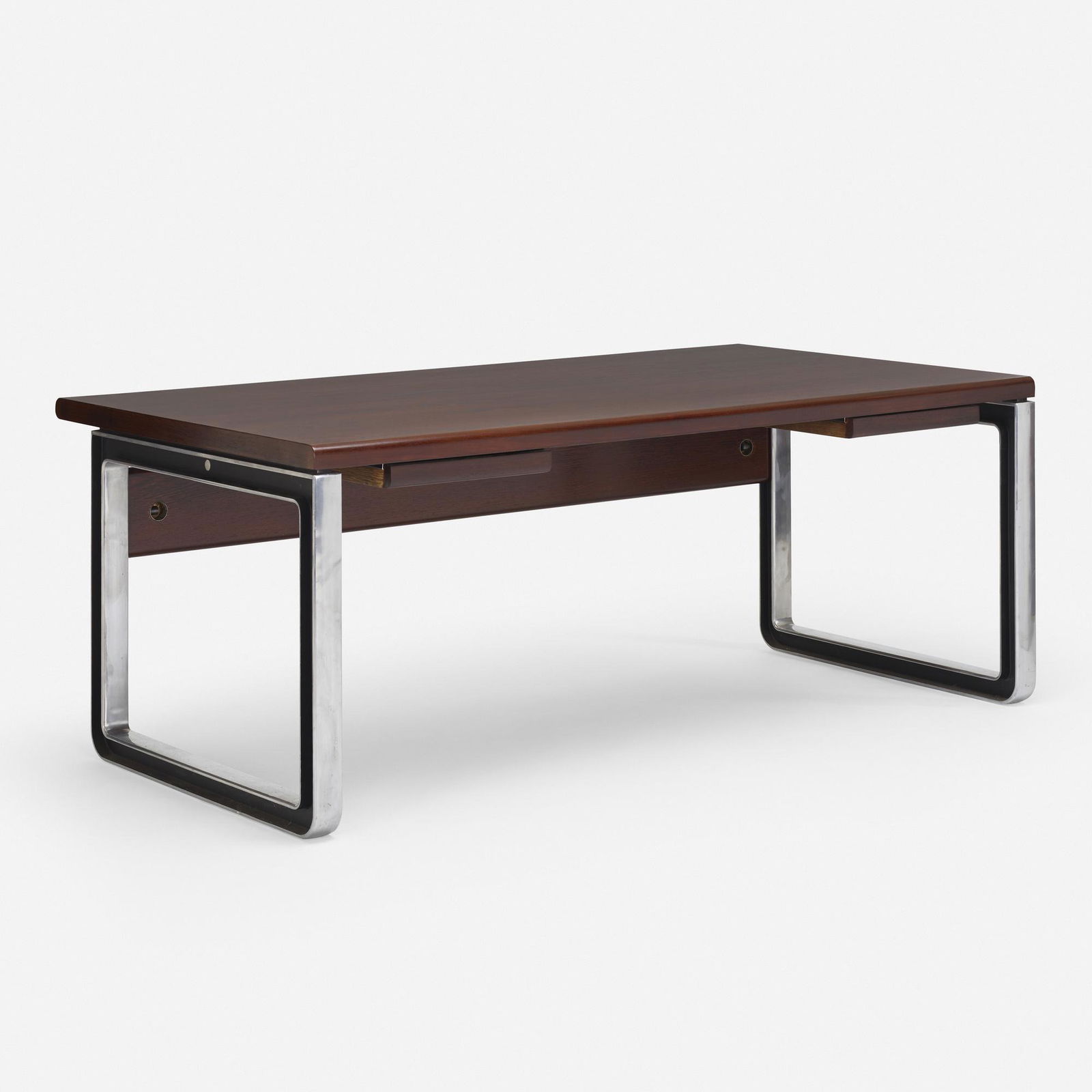 Osvaldo Borsani and Eugenio Gerli, T333 desk: Osvaldo Borsani and Eugenio Gerli T333 desk TecnoItaly, 1975-78wenge, enameled aluminum71 w × 39.5 d × 27.75 h in (180 × 100 × 70 cm) Desk features two drawers. Disc