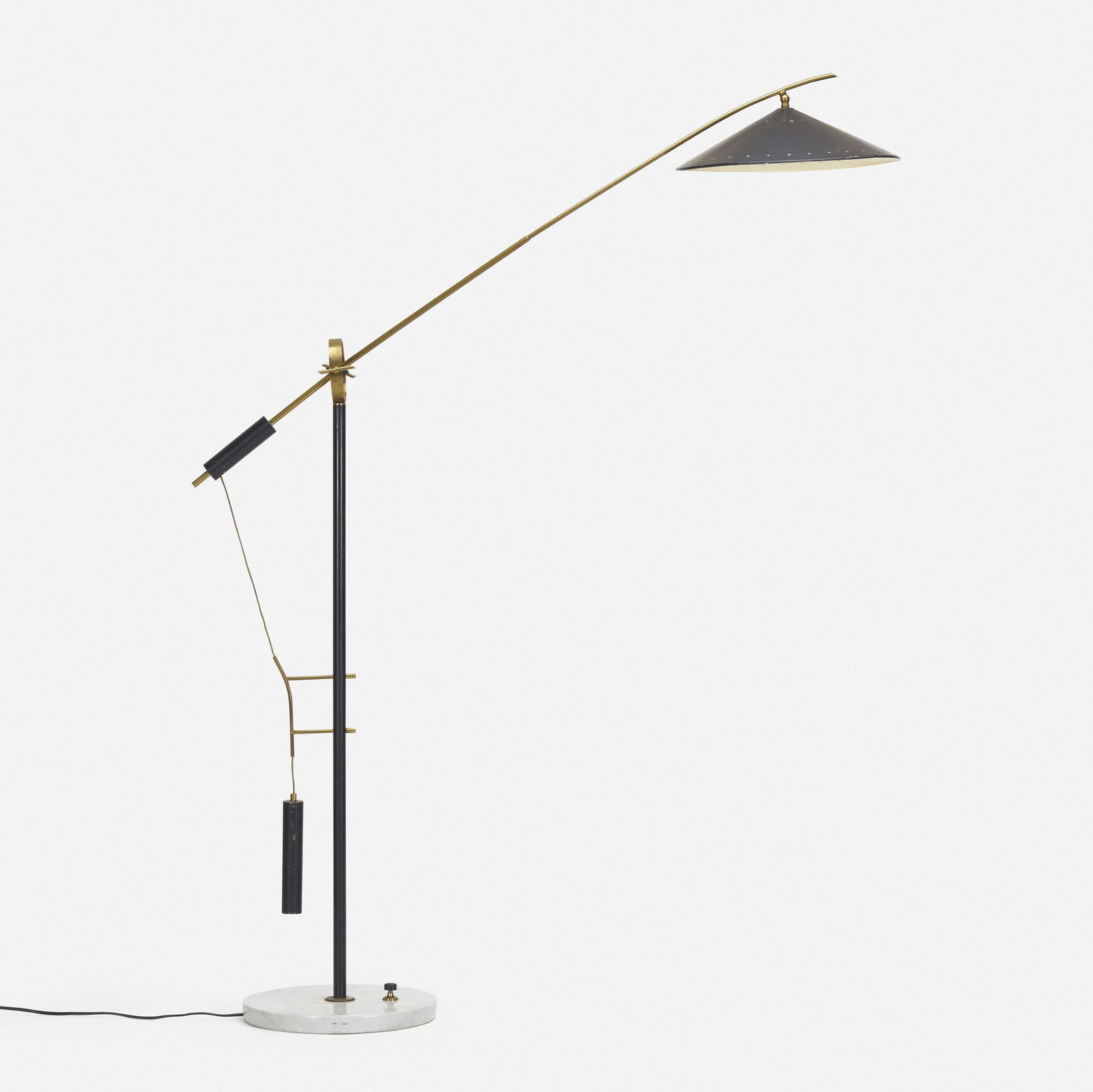 Esperia, floor lamp: Esperia floor lamp Italy, c. 1955enameled steel, brass, marble, enameled aluminum62 h × 13.25 w × 40 d in (157 × 34 × 102 cm) Provenance: Private Collecti
