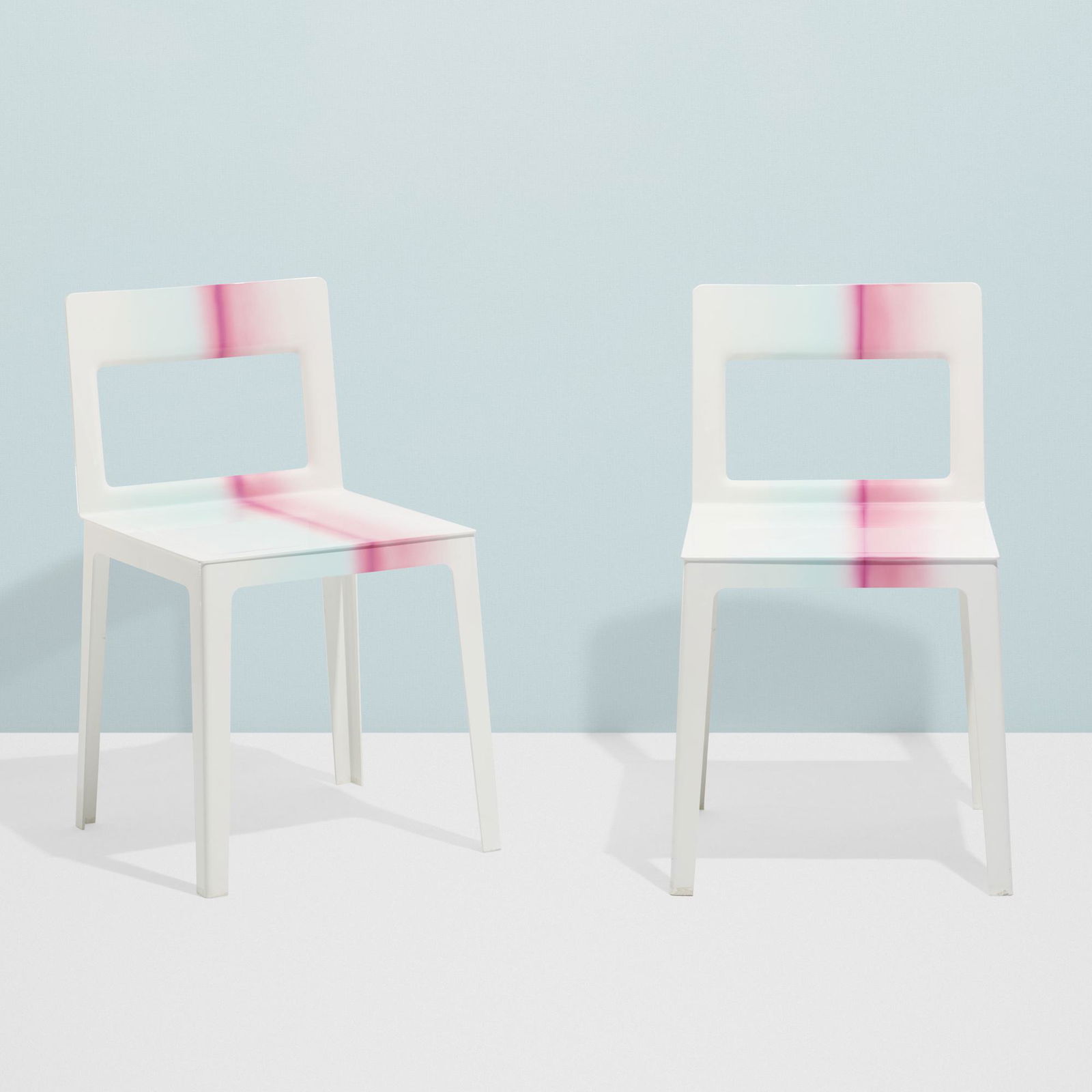 Ronan and Erwan Bouroullec, Hole chairs, pair: Ronan and Erwan Bouroullec Hole chairs, pair CappelliniFrance / Italy, 1999enameled aluminum16.5 w × 19.25 d × 30.25 h in (42 × 49 × 77 cm) Decal manufacturer's label to underside of each e