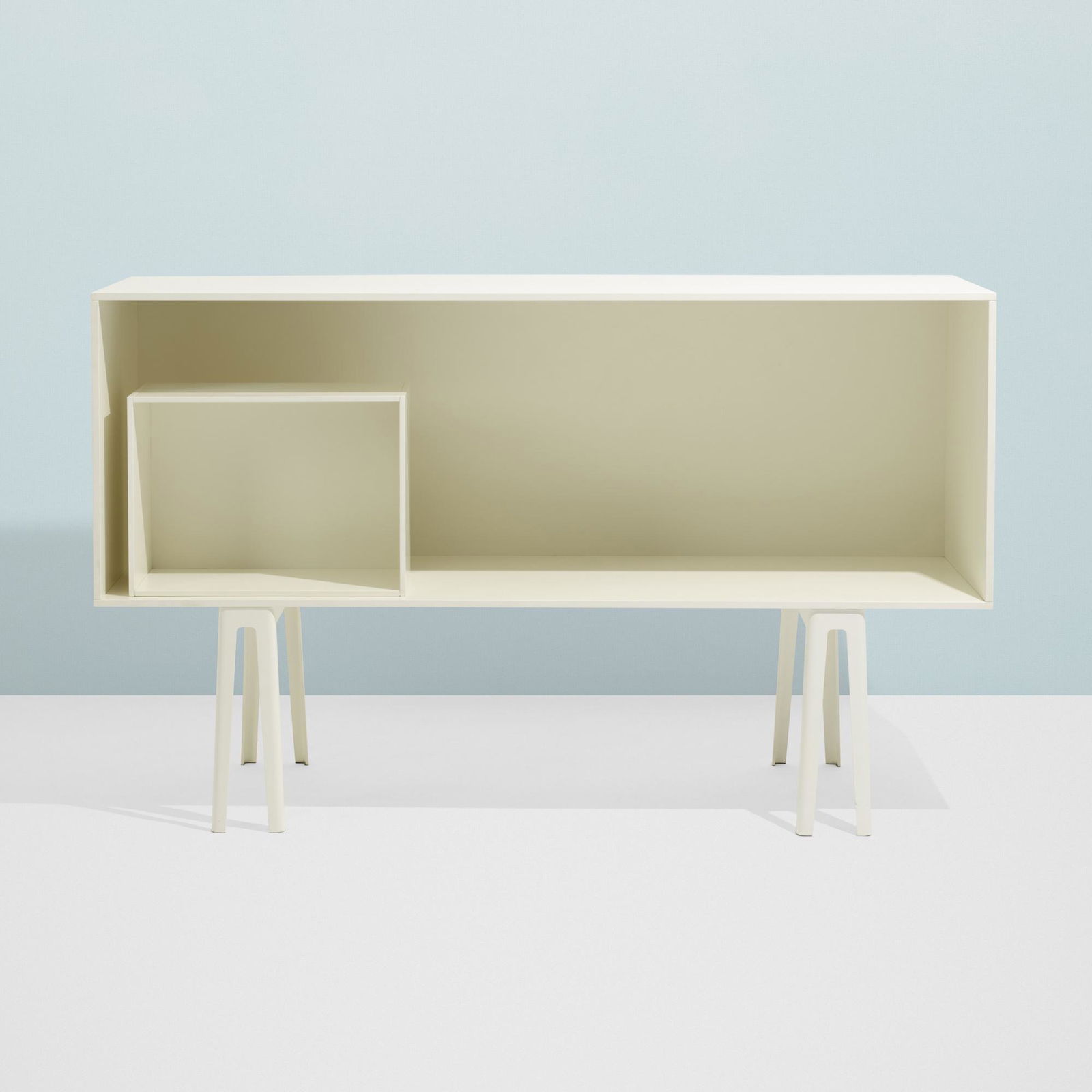 Ronan and Erwan Bouroullec, Butterfly cabinet: Ronan and Erwan Bouroullec Butterfly cabinet CappelliniFrance / Italy, 2002lacquered wood, enameled aluminum69 w × 23.75 d × 42.5 h in (175 × 60 × 108 cm) Cabinet sits atop custom sawhorse