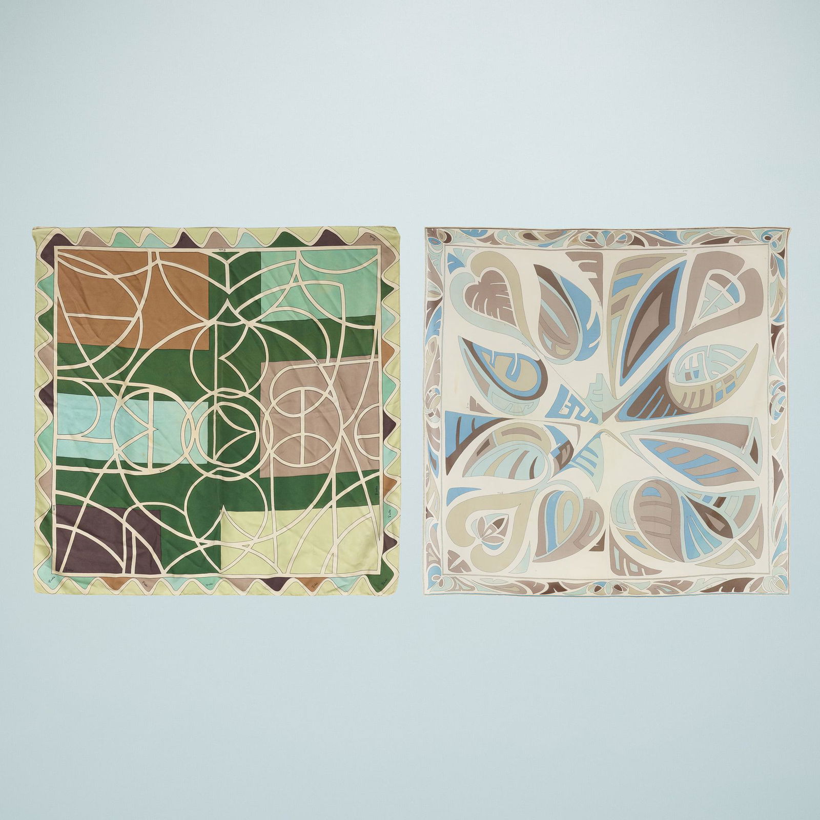 Emilio Pucci, scarves, set of two: Emilio Pucci scarves, set of two Italy, c. 1965silk33 w × 34 d in (84 × 86 cm) Fabric manufacturer's label to one example 'Emilio Pucci Florence Italy Made in Italy Exclusively for Saks Fifth Ave