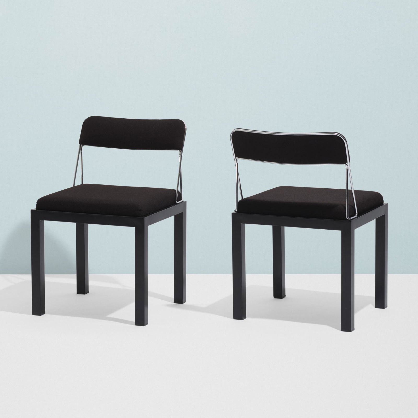 Ettore Sottsass, Lodge chairs, pair: Ettore Sottsass Lodge chairs, pair BieffeplastItaly, 1986enameled steel, upholstery, chrome-plated steel19.25 w × 30 d × 30 h in (49 × 76 × 76 cm) Provenance: Collection of
