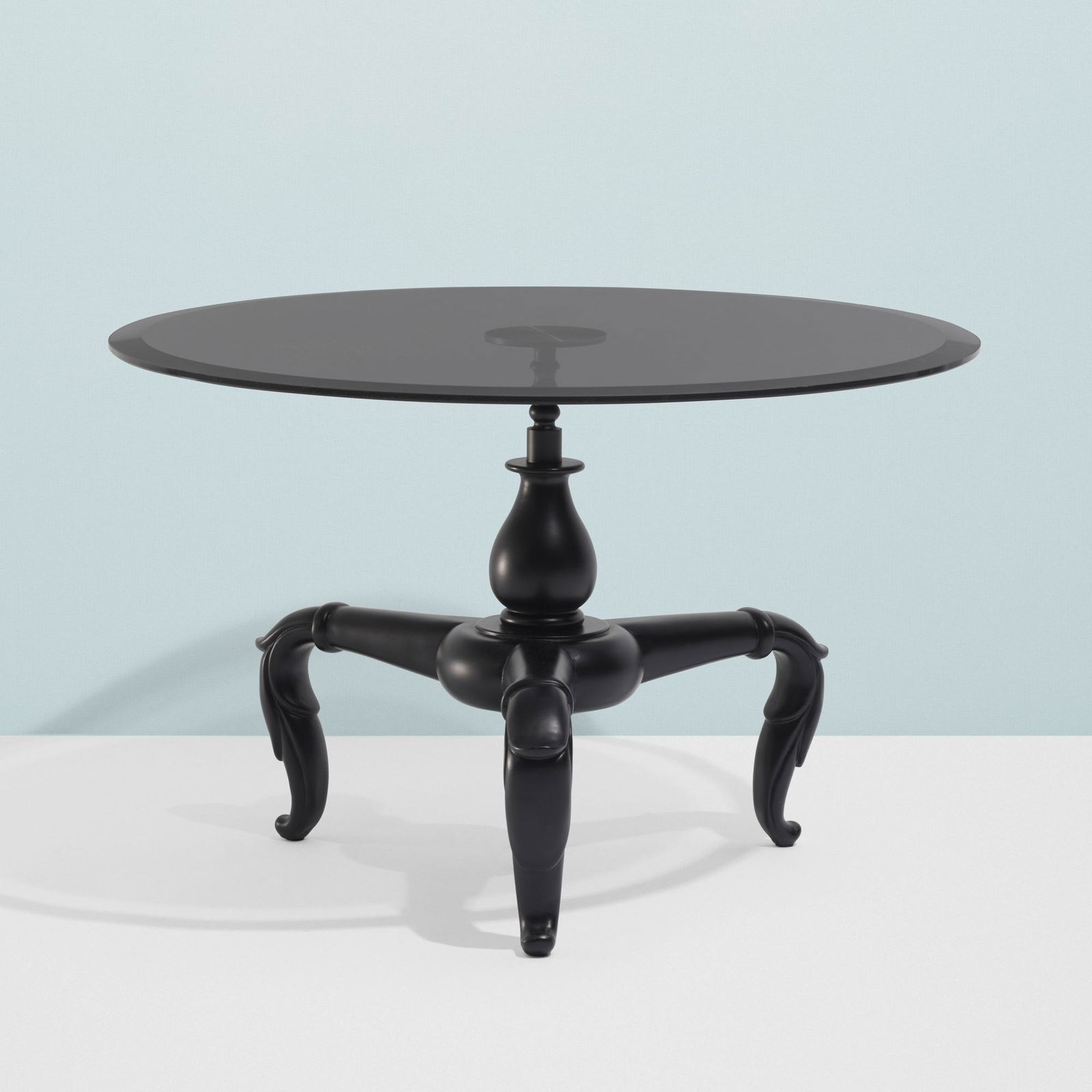 Marcel Wanders, New Antiques table: Marcel Wanders New Antiques table CappelliniThe Netherlands / Italy, 2005smoked glass, lacquered composite, enameled brass, stainless steel23.625 w × 23.625 d × 15.25 h in (60 × 60 × 39 cm)