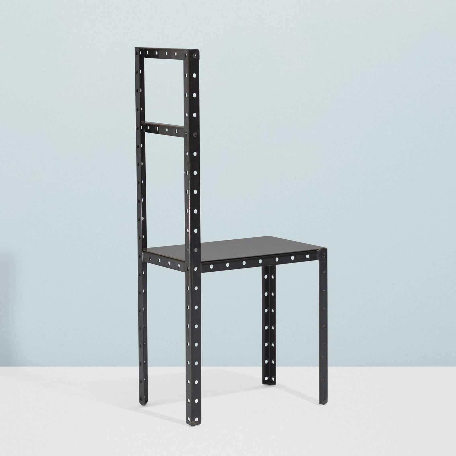 Robert Wilson, Hamletmachine chair: Robert Wilson Hamletmachine chair XOUSA / France, 1987lacquered steel11.25 w × 17 d × 38.5 h in (29 × 43 × 98 cm) Incised signature and number to seat 'Robert Wilson No 33'.