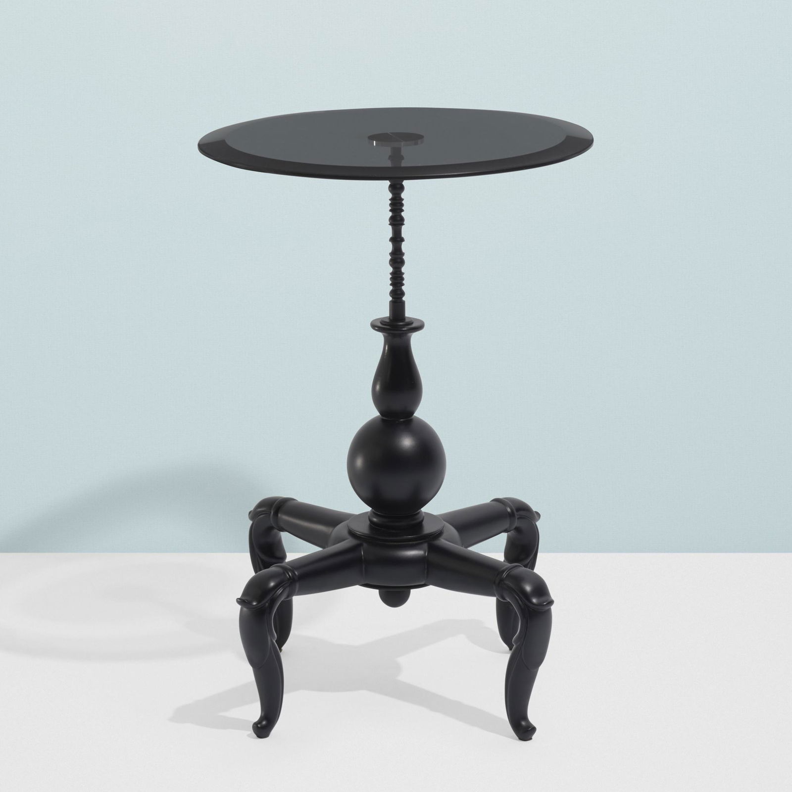 Marcel Wanders, New Antiques occasional table: Marcel Wanders New Antiques occasional table CappelliniThe Netherlands / Italy, 2005smoked glass, lacquered composite, enameled brass, stainless steel13.75 w × 13.75 d × 20.5 h in (35 × 35 × 52 cm
