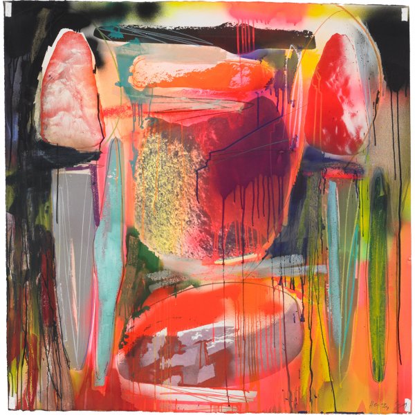 Michael Heizer b. 1944 Post-Historic Drawing #4: Michael Heizer b. 1944 Post-Historic Drawing #4 spraypaint, crayon, gouache, watercolor and screenprint on paper 51.5 h x 51.5 w inches Signed and dated to lower right corner 'Heizer 89'. Provenance: