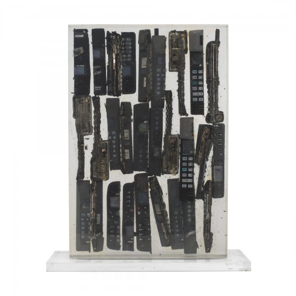 Arman 1928-2005 Inclusion de Telephones Portables: Arman 1928-2005 Inclusion de Telephones Portables remnants of portable telephones in resin 19 h x 2 d x 13 w inches Incised signature and number to front 'Arman'. This work is number 24 from the editi